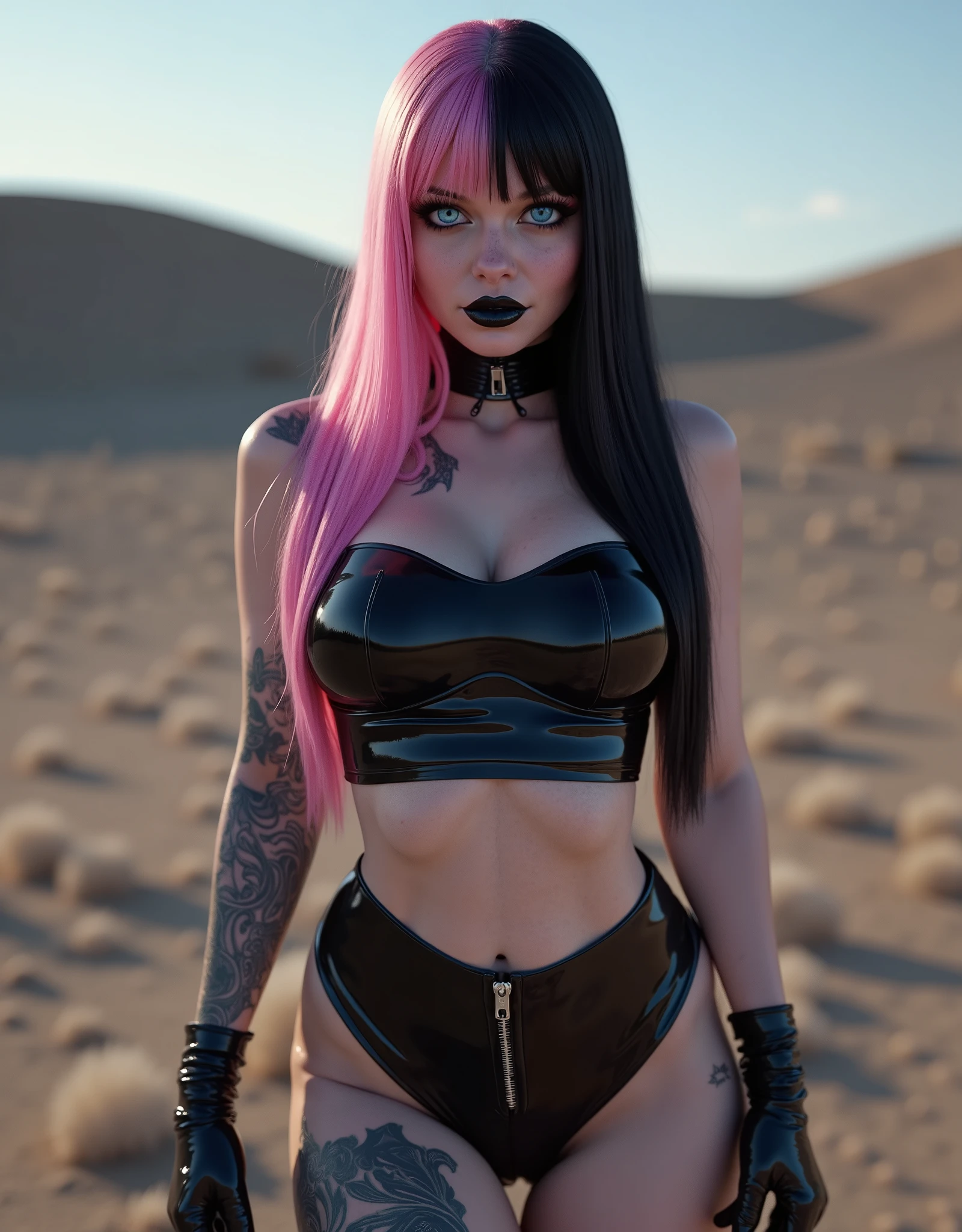 Morbid Angel, Altars of madness young slender skinny athletic model about 18 to 25 sexy Very long hair, half pink and half black with gradient. frontal pose. leaning back presenting her six-pack abs. cameltoe panties. empty_eyes. intense eye contact. skin-tight tube-top.
Symmetrical face Bright light blue eyes Very large breasts Physically strong body with a little hip With tattoos on the body Clothing skin-tight black leather shorts Depth of field bokeh, detailed texture, skin pores full body photo In the desert. reaslistic skin texture. sensual eye contact. photorrealistic. seductively opened glossy black lips. dark glossy goth makeup. facing the viewer. looking with lust into the viewers eyes. horny face expression. firm fake round breasts. choker. sitting upright with legs spread on a chair, thigh gap, open seductive mouth with lips seductively opened, legs spread, worshipping her master, manspreading, hands behind back, hands not visible,feet obscured and not visible