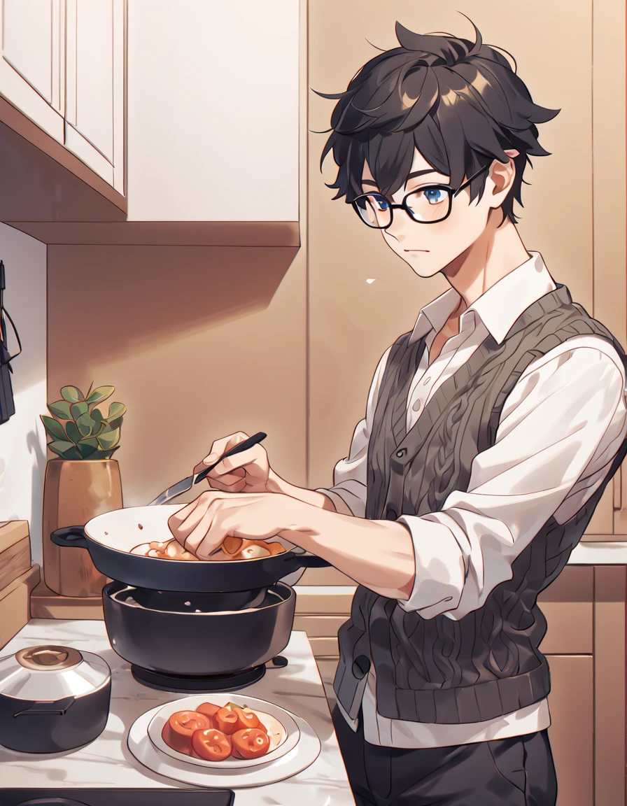 human, male, face:  adult, soft, loving eyes and black framed glasses. Body: average build but still fairly fit. Eyes: black. Hair: short, black, messy. Outfit: button down shirt, knitted vests. environment: preparing food in a cozy kitchen