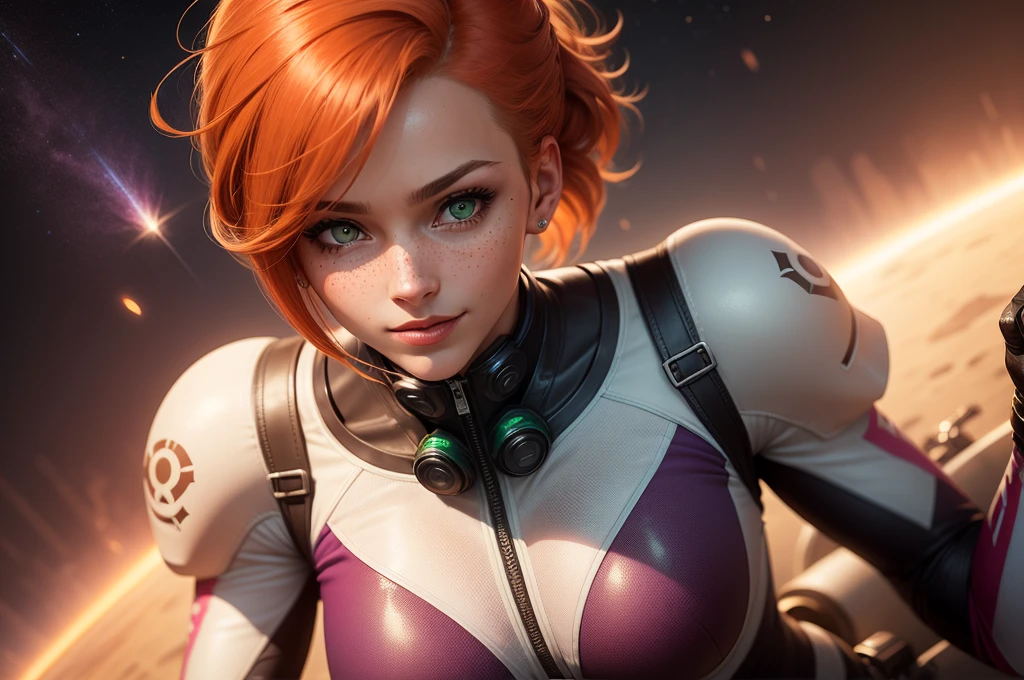 borderlands style, sexy redhead woman , 3D, 3d art, 4k, 8 k artistic photography, award-winning photograph, trending on Artstation, Beautiful, 8k resolution, insanely detailed, Intricate, Behance, Cinematic, dramatic atmosphere, cinematic lighting, digital art, dramatic angle, Dramatic light by denis villeneuve, [mix style "pixar and artgerm and dreams work"], Elegant, ethereal lighting, octane render, dynamic lighting, digital painting, extreme plus resolution, fake detail, full image, full of details, global illumination, golden ratio, golden warm light, high contrast, high detail, high res, highly detailed, hyper detailed, intricate details, Masterpiece, perfect composition, photorealistic concept art, Professional, ray tracing, rich deep colors, Saturated, sharp focus, sharp lighting, soft natural volumetric cinematic perfect light, studio photo, studio quality, Stylize, super detail, Symmetry, trending on pixiv fanbox, ultra detail, ultra detailed, unreal engine 5, volumetric lighting