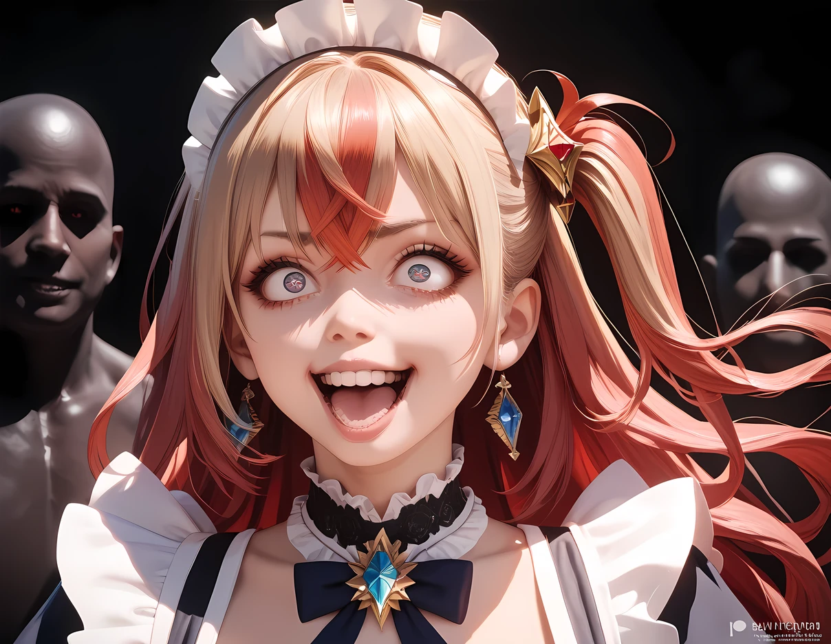 ((best quality)), ((masterpiece)), (detailed), perfect face, (best quality), (detailed skin:1.3), (intricate details), multicolored hair, bangs, crossed bangs, hair one side up, crystal hair, jewelry, crazy eyes, crazy, evil, motion lines, silhouette, textured skin, high details, best quality, maid, cute girl, 