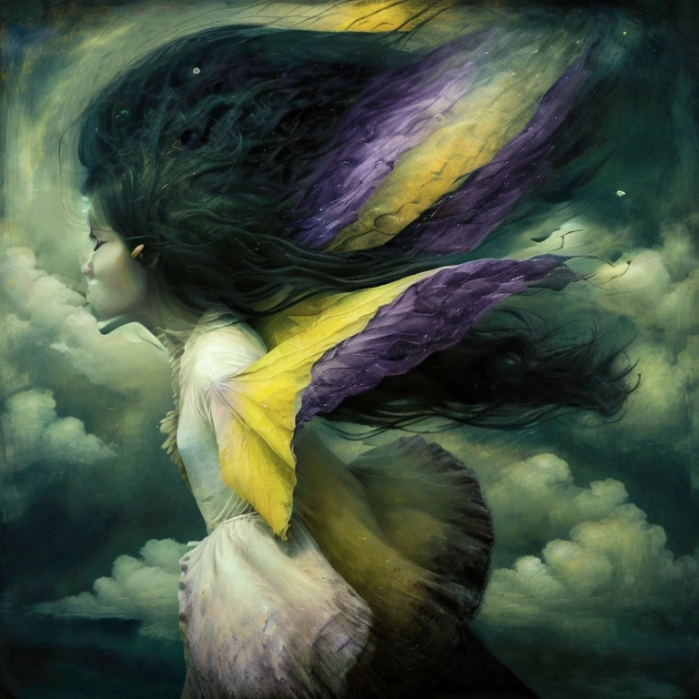 Animation, work of art, 8K quality, surrealism, woman in black one-piece dress, skirt hem fluttering, side view, yellow sky with pale green clouds in the background, infinite pale purple tunnel, mysterious space, woman looks lonely.