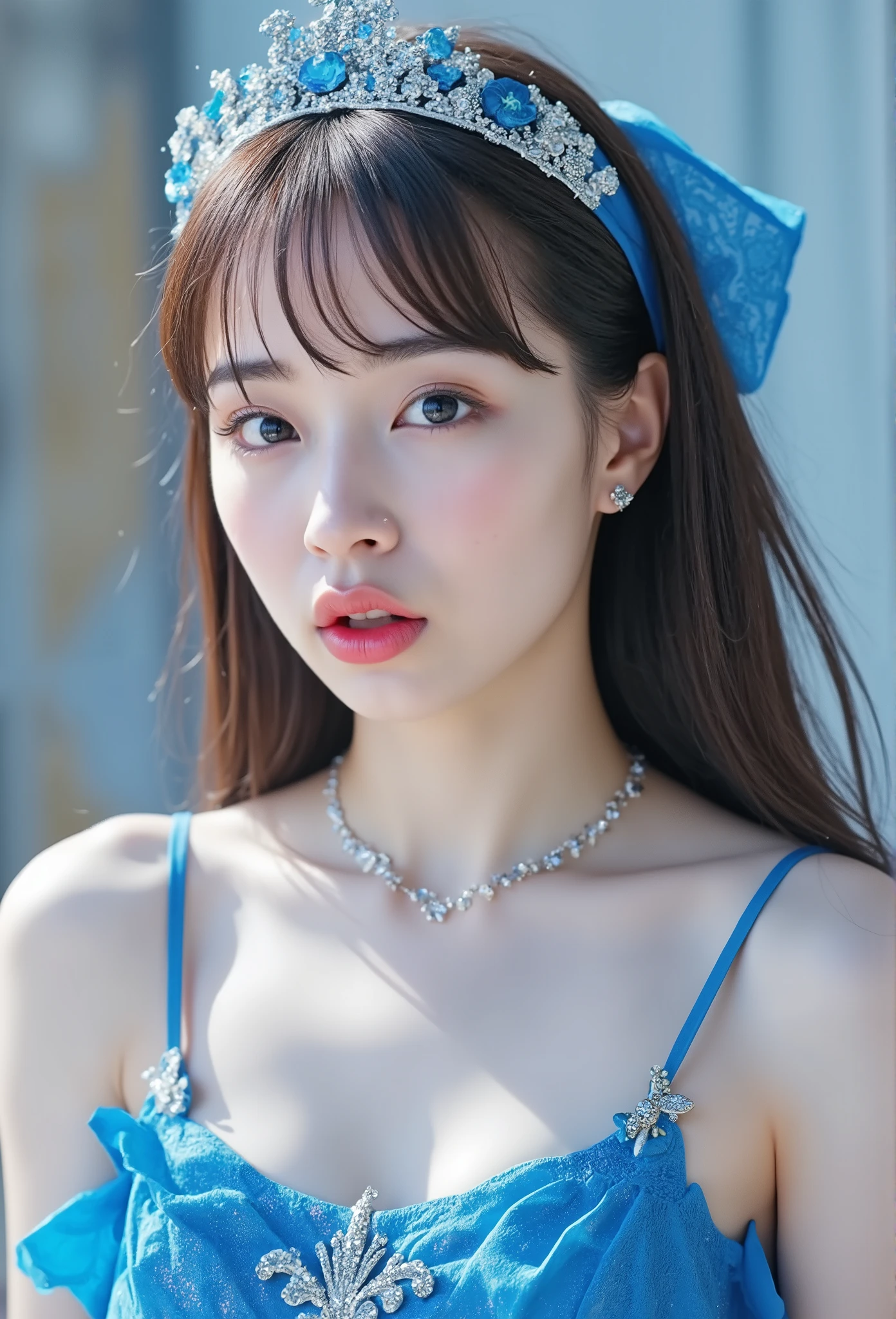 masterpiece, 最high quality,16k,8K,beautiful,get used to it,exquisite,extremely get used to it, finely get used to it, high quality, insanely get used to it, ultra get used to it, ultra high resolution, 超high quality, beautiful face, Japanese, NSFW,Picture of a woman's face 、( sharp focus ), From below, ( please kneel and look upward:1.10), ((Open your mouth:1.6)), ( stick out your tongue:1.8), (Ultra-detailed beautiful faces:1.10), (Ultra-detailed beautiful slim body:1.9), 21 years old, ( Super Detailed Beautiful Japanese Beauty Female Idols:1.7), ( troubled face:1.3), Woman in the center of the image, break, photorealistic, hyperrealism, portrait of young adorable Japanese face, Japanese facial features, Young and Cute Skinny Oriental Faces, Bust Up Shot, 21 years old idol with a cute face, beautiful Japanese girl's face , Japanese facial features, she has a lovely look , ( Light blue Sparkling Evening Dress :1.5)