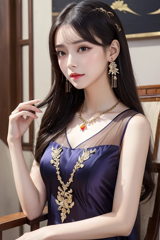 best quality, masterpiece, high resolution, 1 girl, China dress, Hair accessories, necklace, Jewelry, Pretty Face, physically, Tyndall effect, Practical, Dark Studio, Side Light, Two-color lighting, (High Detail Skin: 1.2), 8K UHD, Digital SLR Camera, Soft Light, high quality, Volumetric Light, frank, photo, high resolution, 4K, 8K, Background blur,