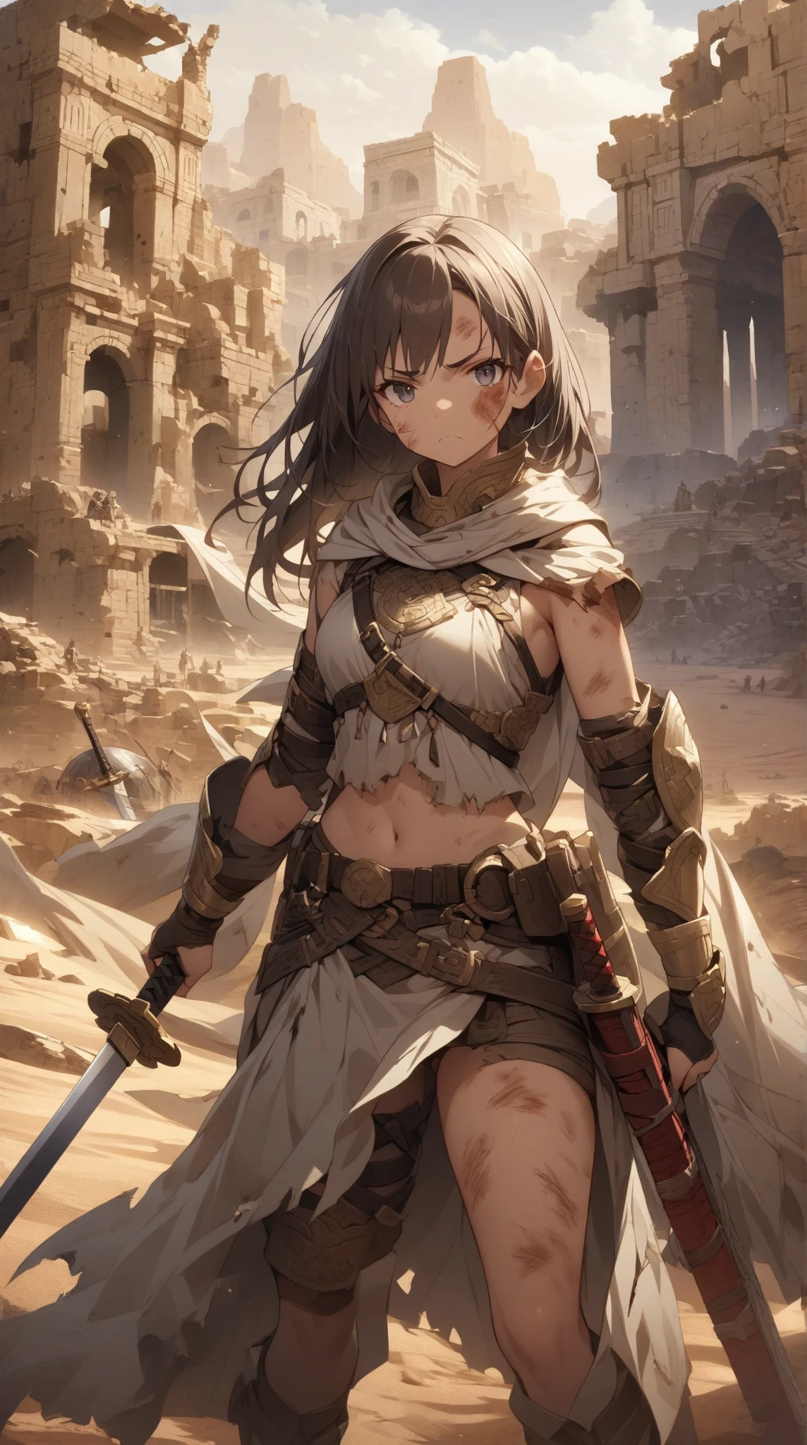 **236. One person。Desert female bandit fight scene。In the scorching desert。Cowboy shot or close-up。
masterpiece, best quality, ultra detailed (Detailed fingers), (Emotional), (Breathtakingly beautiful),
(main part: 1.2 Whole body。), (Anime Style), (Very detailed), (Controlling the power of sand),
(超High resolution, High resolution), (8k), (High resolution: 1.2), (Complex and beautiful: 1.2)**
- background: Endless Desert、The burning sun shines down。
- Desert Thief: Dressed in sand-colored cloth、Controlling the power of sand少女、Create a sandstorm。
-pose: Kilning up sand、The moment the enemy disappears from sight。
-expression: Invincible smile、As elusive as sand。
- Effects: A sandstorm engulfs the enemy.、Take away my vision、Attacking Effects。
-color: Gold and brown sand colors、A contrast that symbolizes the heat and harshness of the desert。