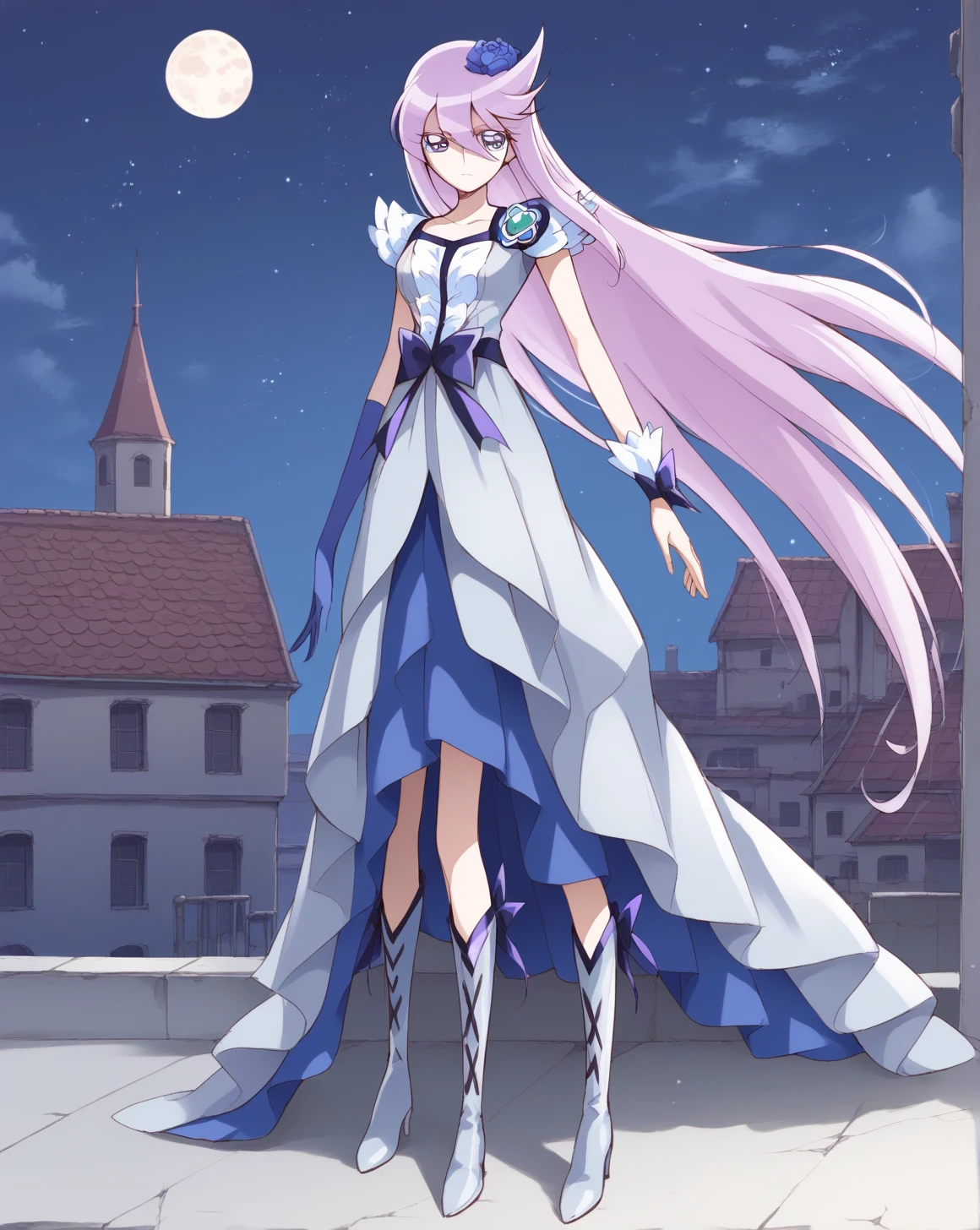 cure moonlight, purple hair, long hair, medium breasts,
 hair flower,brooch, Single Elbow Gloves , single wrist cuff , dress,Waist Bow , boots,
 1 girl,Alone,
 is standing, full body,
rooftop,  knight , starry sky ,moon,
 expressionless,
break, score_9,score_8_ up,score_7_ up, Source_Anime, top quality ,masterpiece, uncensored detail eyes ,