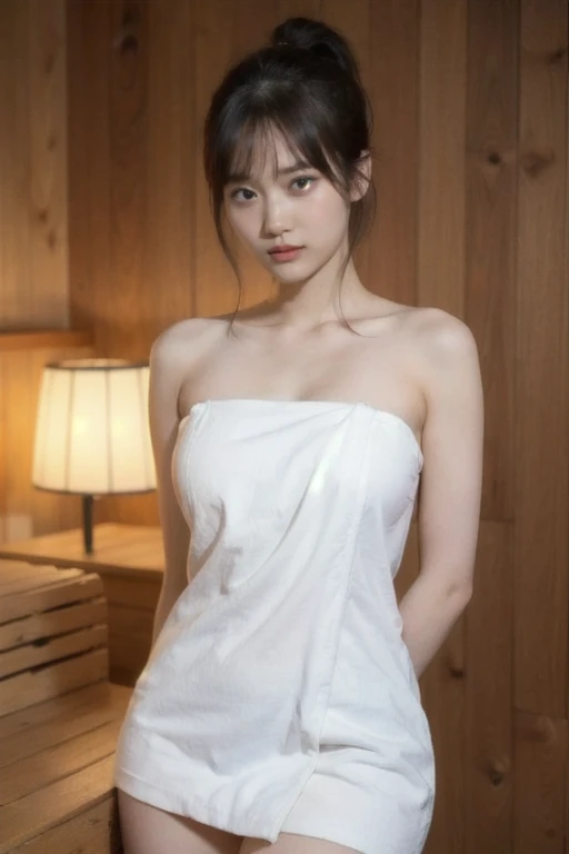 One girl、solo、nsfw:0.8,（masterpiece、Highest quality、8K、、Photorealistic、Real Girls）、Looking up at the viewer、25 year old pretty Japan、Slender figure：1.1、Anatomically correct hands and fingers：1.5、Small breasts、Open your body wide open、（((Sitting with legs wide open))、sauna、double eyelid、Droopy eyes、Black Hair、boobout:1.0,pussyout,（Sweaty face、Sweaty body：1.2）：0.2、（White open front towel dress、underless,anal）、（Small in size、White towel turban：1.1）、ンランド式sauna、Realistic body、make、Gross slip、Focus on the face、Small face、Sharp Focus、Layered Cut、Facing the audience、Photographed from the front