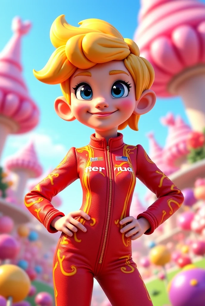 portrait of a cute russian (Alisa Selezneva:1.125) children girl, yellow short hair, perfect Big blue eyes, thin and slightly upturned nose, mischievous smile, slim waist, narrow hips, strong legs, (red spacesuit:1.25), buildings architecture science fiction, by (Roby Dwi Antono:1.36), highest detailing
