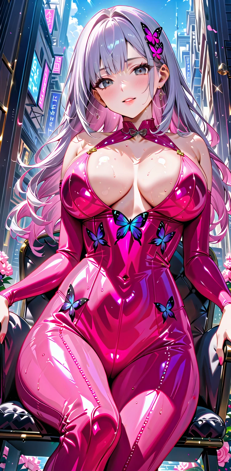 Bow-legged、   is standing、  cyberpunk.    cinematic cyber neon city  、  long white blue gradient hair    、 たくさんのShine心が踊る 、 open leg .（     crystal clear purple butterfly embroidery on a luxury latex pink rubber suit :2.2）      excited白い息、 、Koetsu、 Flower Field、Shine、saliva、 Dazzling light illuminates the subject      、Big Breasts 、       wet skin  、    Leg spread 、   、 Lift the composition from below       、（Silver-gray eyes）、       drool       、 Liu Hua Street    、nsfw.、   1 Woman   , (       Focus on Lower Body        ,  Picture of a gentle smile         :1),            a woman with a gentle expression is beautifully depicted        、  （      soft natural metallic gold hair color      ）,       Natural light shining in front of the mouth      、   ,       Soft short wavy hair 、 Smooth skin      ,      warm light shines in,     Eyes that are gentle on the eyes    ,        Long eyelashes  ,       soft lip line    ,    Natural three-dimensional effect      ,      A mean look    , ((masterpiece)), ((  top quality )), (        very detailed bust     ), (        very detailed bust     )), 4K, (8k),         you are so beautiful sitting on a chair    ,        absurd,  sweat、     steam.      excited 、Winter sparkle     