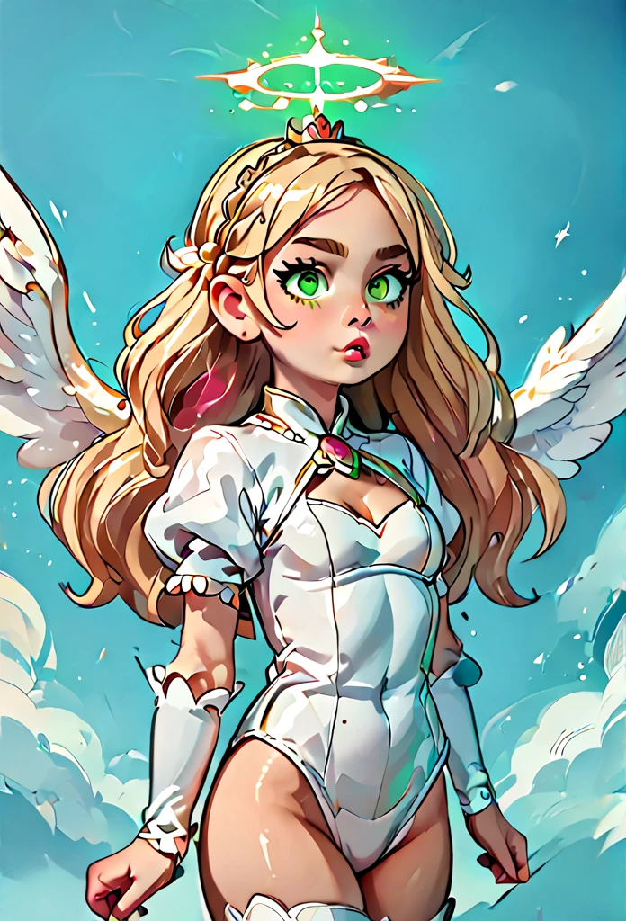 score_9,score_8_up,score_7_up,Loli,green glowing eyes,blonde curly long hair,small breasts,cleavage,thighs,angelic renaissance outfit,smooth light pink lips stick,clothing cutout,highleg,cleavage cutout,cowboy shot,3 huge wings on each side of her back,all white pure outfit,heaven background,floating,little,short