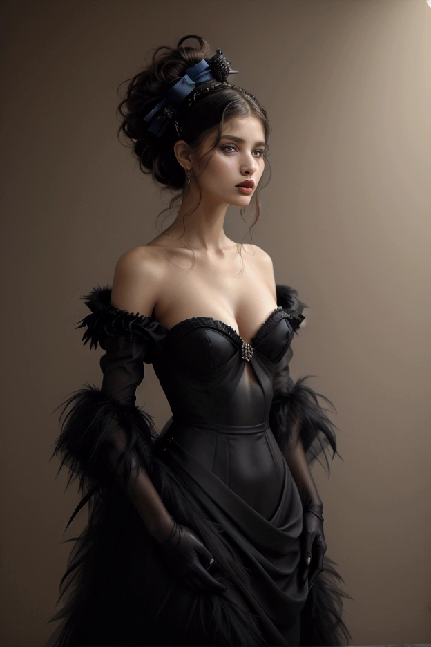 arafed image of a woman in a black dress with a feathered dress, style of paolo roversi, paolo roversi, in style of paolo roversi, laetitia casta, mario testino, by Marie Vassilieff, fine art fashion photography, haute couture fashion shoot, gorgeous woman, deep colours. ”, stunning woman