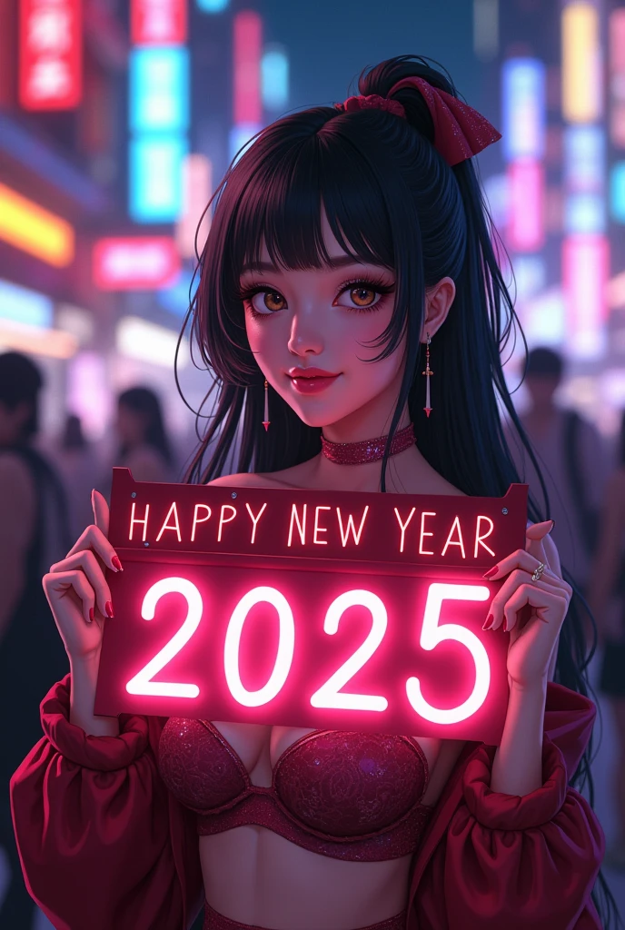 (masterpiece, Highest quality, 8k, Sharp focus, Depth of written boundary, Best Shadow, Perfect lighting, High resolution, Realistic skin texture, ultra-detailed background, detailed), Anime Style, Young top-class Chinese beauty holding a Happy New Year 2025 sign (He is slim, compensate, eyeliner, Glitter), At the nightclub, Cyberpunk Theme,  Cyberpunk City.