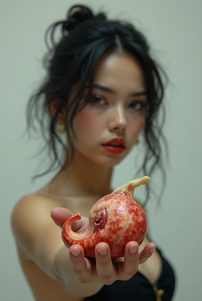 1 beautiful Korean woman. Sex related expressions. Naked not wearing anything. Holding eggplant. Feet wrapped in eels. Body full of milk.