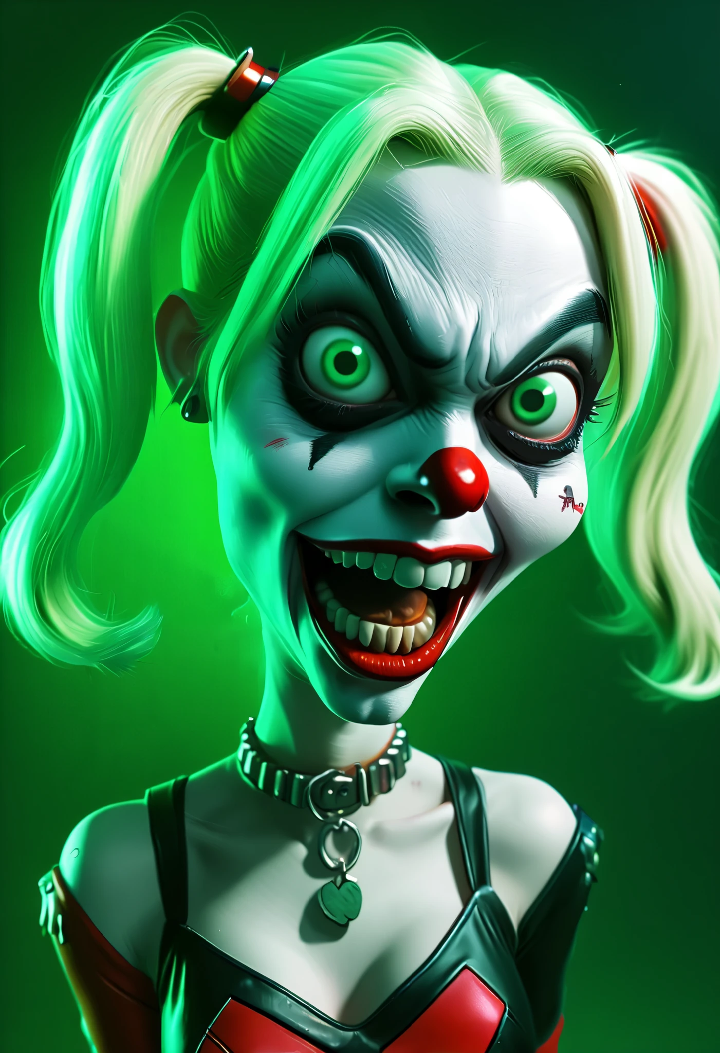 a full-body cartoon caricature of Harley Quinn in dynamyc pose, ((facial expression of madness)), hot body, portrait, ((exaggerated features:1.6)) with a large nose and big eyes, realistic, detailed, glowing green lighting, 4K.