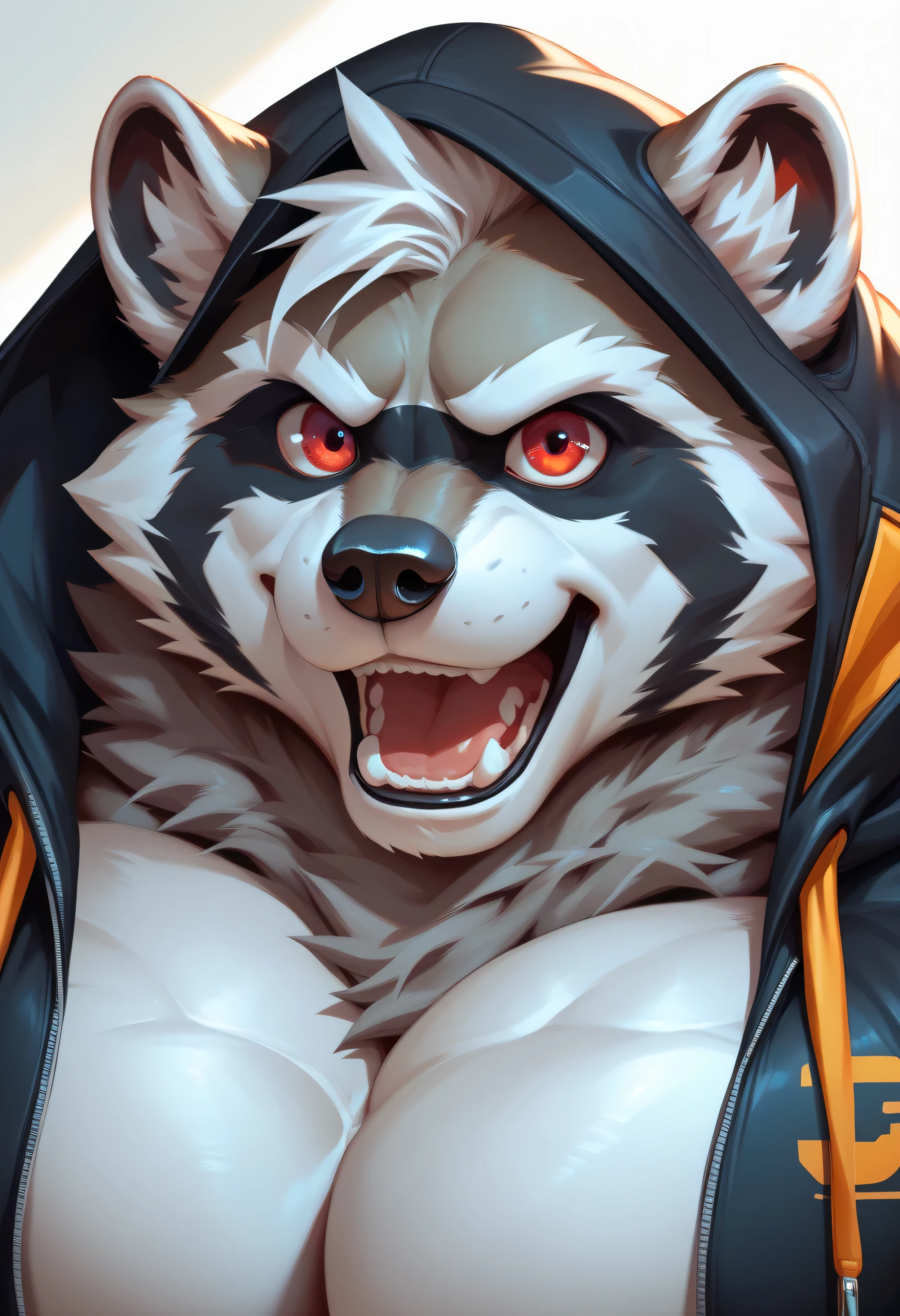 muscle raccoon, (((raccoon))), procyonid, furry, (thick, muscular, hypertrophy), ((gray fur)), (big eyes, red eyes), male, long snout, wide snout, black nose, (((focus on face))), ((massively muscular)), ((massively huge pecs, bulging pecs)), ((extremely broad shoulders)), ((very thick fur)), ((muscular neck)), ((open mouth, showing teeth)), stretched hoodie, black hoodie