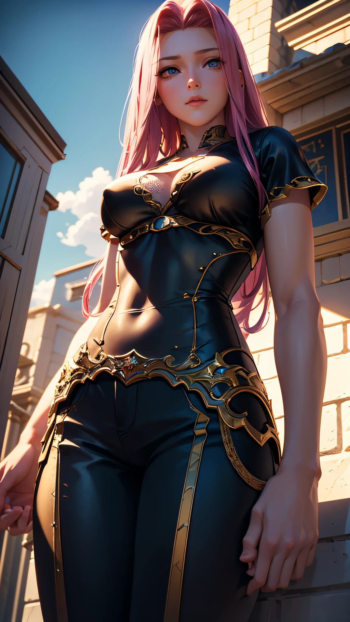 masterpiece, 最 High Quality , High Quality , high res, High Quality texture, High Quality shadow, high detail, Beautiful Details , fine, very precise CG, fineテクスチャー, a realistic representation of the face, realistic, colorful , delicate, cinematic light, side lights, lens flare, ray tracing ,tailed beautiful delicate face, detailed beautiful delicate eyes, (rider), (Medusa), Standing on top of a building, (from below:1.3), (cowboy shot), ( pants )