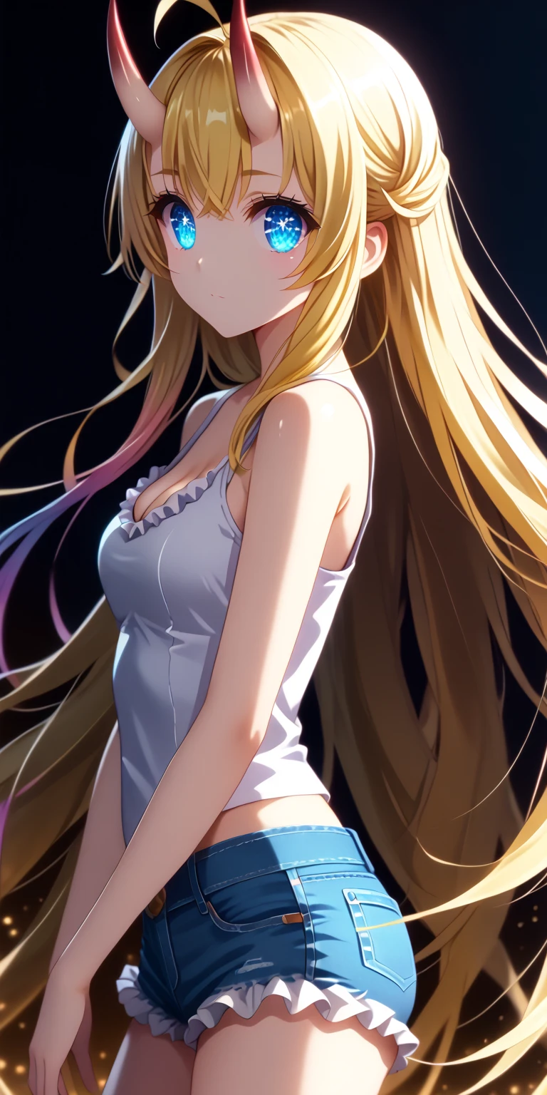 1young woman, sandy blond hip-length hair, right bang behind the ear, two toned eyes in neon pink and blue, fair skin, a pink tint, G-cup sized breasts, naked, 1 young man, medium sandy hair length, naked, fucking young woman from back while cumming