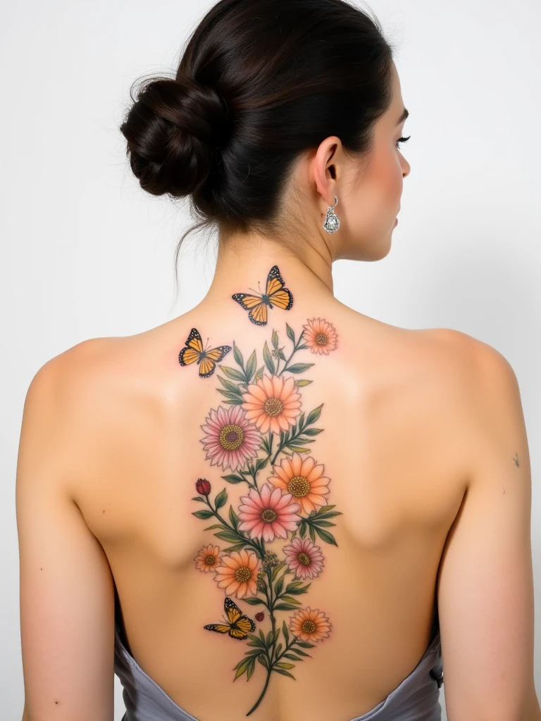 A woman's back showcasing a large, intricate tattoo. 


The tattoo features a vertical arrangement of stylized flowers, leaves, and butterflies. The flowers are various shades of peach and light pink, with detailed petals and centers.  The leaves are rendered with varying shades of green, brown, and gray, suggesting a floral bouquet or arrangement. Several monarch or similar-style butterflies are interspersed throughout the design, with wings rendered in shades of orange, yellow, and brown. 


The tattoo is quite detailed, showing fine lines and shading to create depth and dimension to the flowers, leaves, and butterflies. The tattoo appears to be professionally done and the colors blend smoothly. 


The woman in the image has a light complexion and a bun hairstyle that is not a part of the tattoo, plus a tasteful piece of jewelry. The lighting is even, highlighting the intricate details of the tattoo. The background is plain, focusing attention on the design.