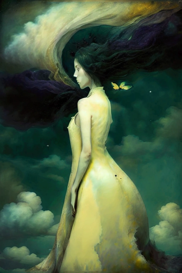 Animation, work of art, 8K quality, surrealism, woman in black one-piece dress, skirt hem fluttering, side view, yellow sky with pale green clouds in the background, infinite pale purple tunnel, mysterious space, woman looks lonely, not NSFW.