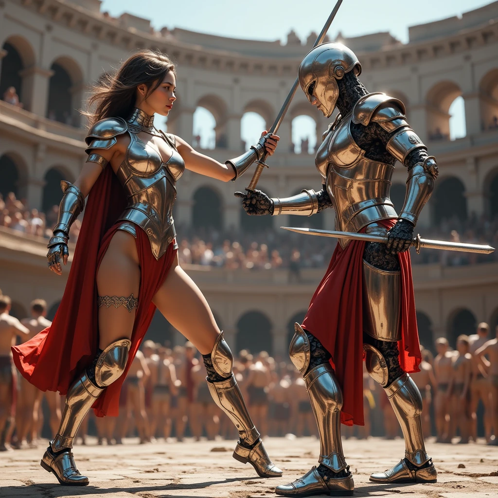  Sexy pretty girl gladiator fighting against a heavily armed robot gladiator at the Colosseum in ancient Rome、Both human and mechanical gladiators holding swords 、 Shining Sword 、Exquisite Armor、Round Shield、 Complex Metal Body Parts 、 Dynamic Motion Blur 、 Ancient Romans wearing white togas watch the battle 、 Sci-fi Sword Fighter Action Movie's Finest 、Original photo、Realistic、 concept art 