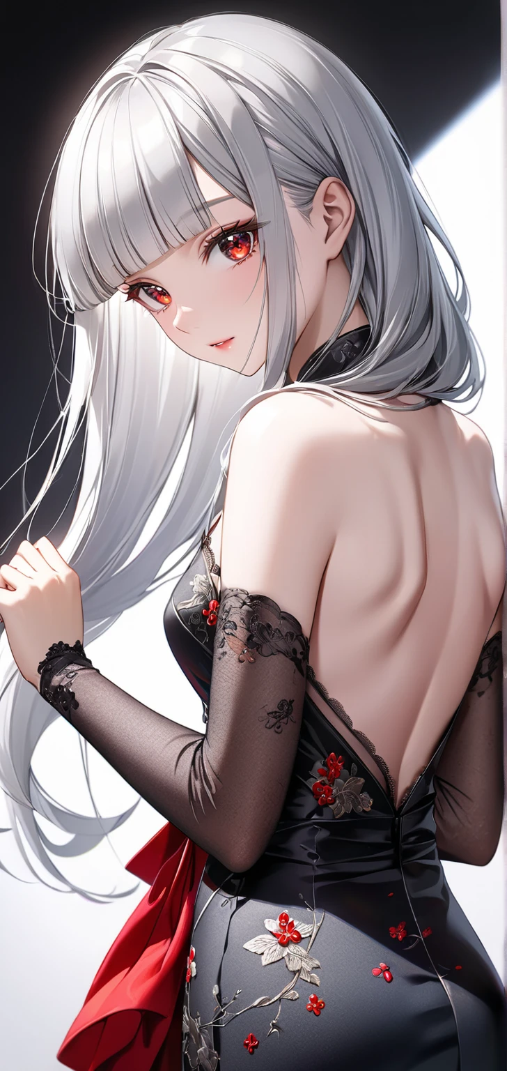 Masterpiece, Superb 1 Woman, Long Black Dress, Ink Painting, Mature Woman, Woman with Short Silver and White Hair, Hair Over Shoulder, Pale Pink Lips, Indifference, Seriousness, Bangs, Assassin, White Clothes, Facial Details, Correct Proportions, This painting was created in the Guweiz style and depicts an oil painting of a woman with short hair. The entire painting features a palette of white and black. The woman's face is very realistic female faces, which are loved by the audience. Presented in a meticulous drawing style. The women's white hair is like snow, the eyes seem to be full of watery red eyes, exuding a mysterious atmosphere, the women are dressed in elegant and exquisite clothing, and the whole painting shows a high degree of skill.