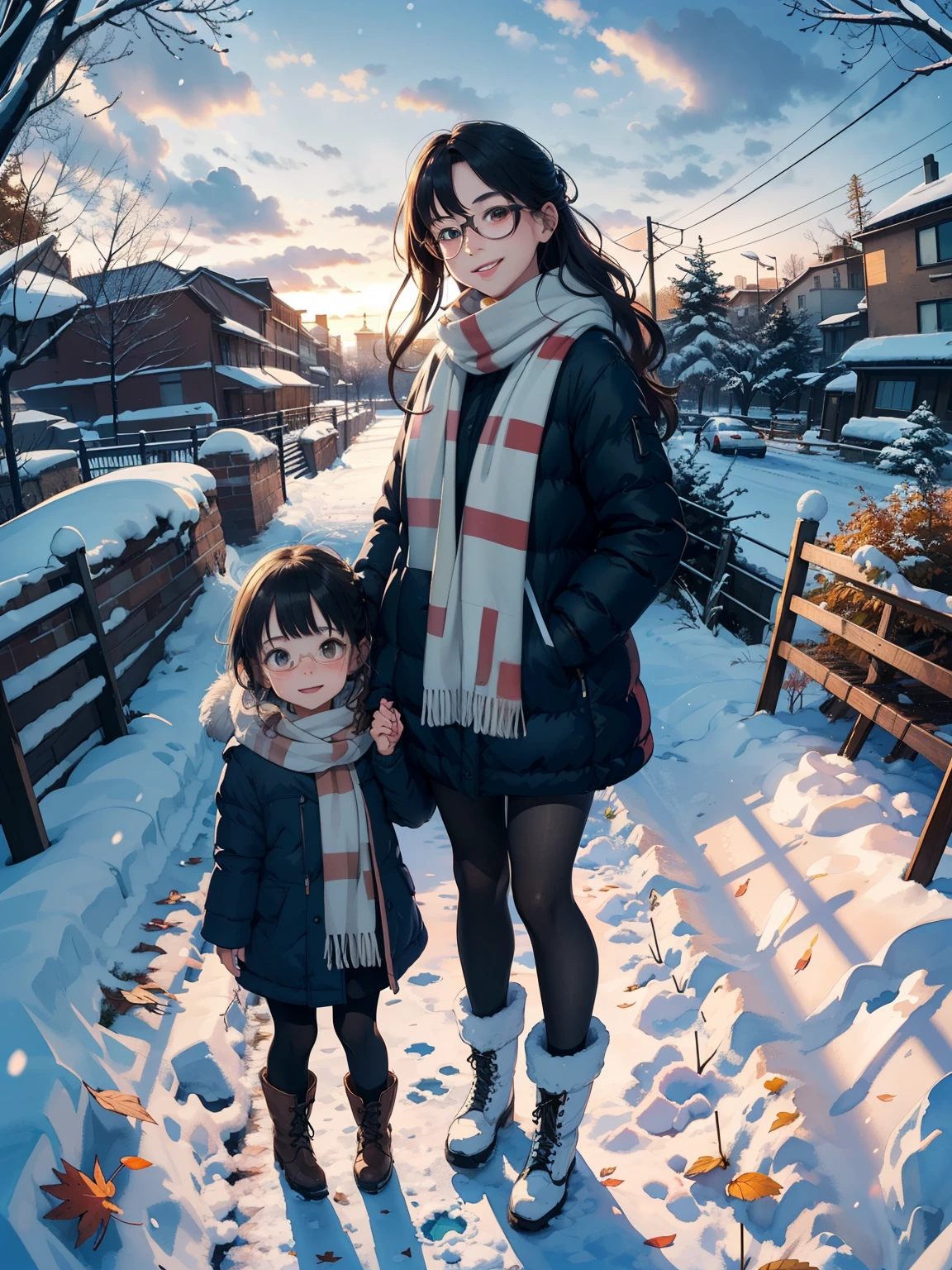 masterpiece，top quality， high image quality，( super flat ， flat shading )，fashionable glasses，beautiful dark hair，  fisheye lens， cute petite young sow trained mother and her adorable  daughter:1.2，Warm freelancing scarf ， Down Jacket，(naked)， long hair， knitted dress，tights， boots，smile，smile，  White Breath，fun, play，Park garden overlooking the city in winter ， Autumn leaves，Snow Scene，Winter Sky，At dusk，Beautiful sunset，Wide angle， bright color，watercolor,  Ghibli style，Strong winds，Girl Temptation， girl&#39;Lure，