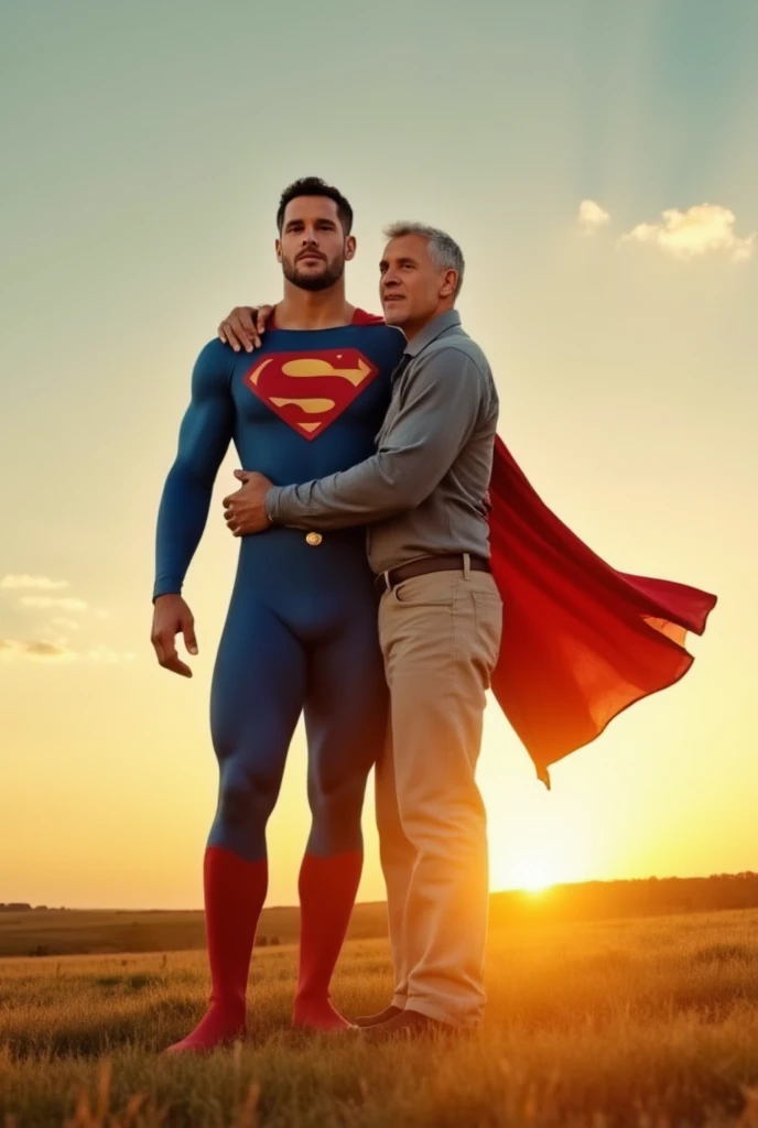 Superman telling his father Jonathan that he's Superman. Jonathan is 70 years-old farmer.  Jonathan love Superman. Superman and his father Jonathan fly sweetly together on the sky.superman is on sky.