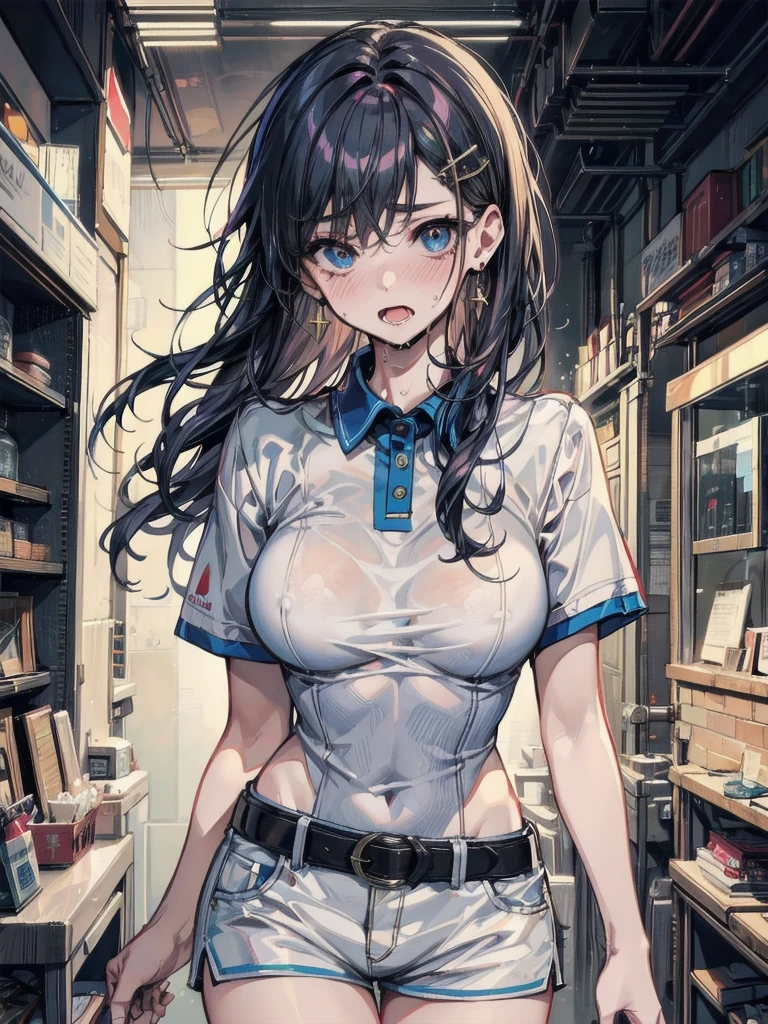 ((masterpiece, highest quality:1.2)),nsfw,1woman,18 year old beauty、solo,ponytail hair,dark purple hair,very small head,blush,tears,slender and long body,skinny,medium breasts,Being sexually stimulated:1.3,sweat,oily skin,shiny skin,sweat,Police uniform collared shirt、light blue shirt,Short sleeve、A tight black skirt rolled up to her waist:1.3、no panties,vagina,Dripping love juice:1.3、On Patrol、walk、on street,bustling street、Tokyo、