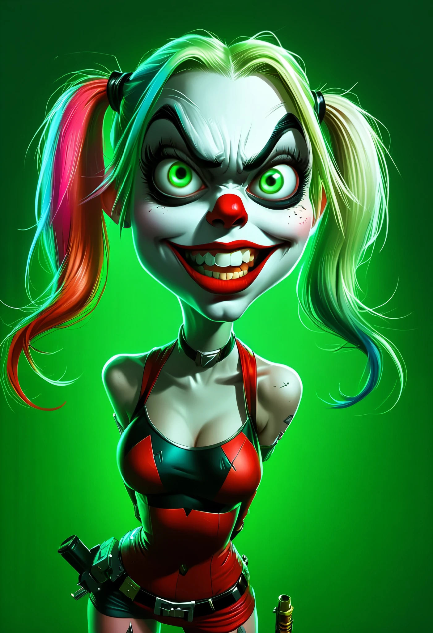 a full-body cartoon caricature of Harley Quinn in dynamyc pose, ((facial expression of madness)), hot body, portrait, ((exaggerated features:1.6)) with a large nose and big eyes, realistic, detailed, glowing green lighting, 4K.