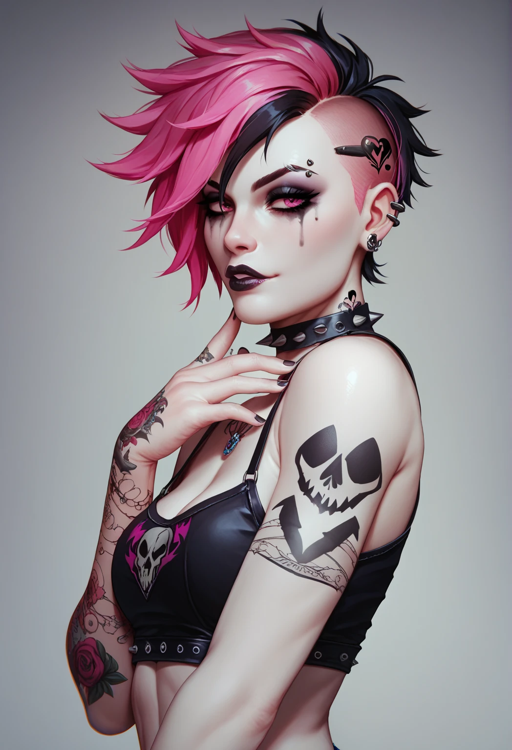 Beautiful 25 year old girl, White skin Short punk style hair with pink highlights,Gothic makeup Full black tattoo on left arm, skull tattoo on left arm Rock clothes 