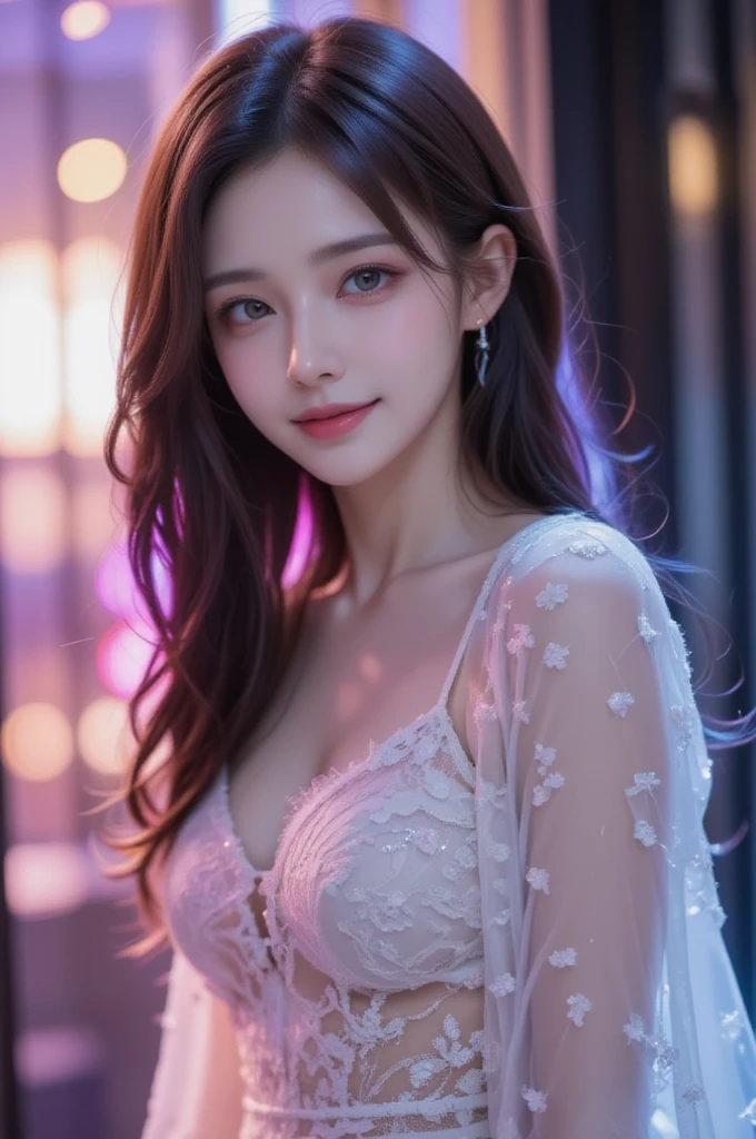 **prompt**:
In a crystal decorated background、A beautiful Japanese girl wearing a thin, delicate lace outfit。In a material that lets her skin shine through、Fine lace detailing on shoulders。Beautiful girl looking at the camera、The face is tilted slightly、She has a fascinating and mysterious look.。Blue and pink neon lights glow in the background、The light reflects off the crystals creating a fantastic effect.。It was shot in portrait mode.、The balance of light and shadow is perfectly adjusted.、Her facial expression and the details of her outfit really stand out.。As a photographic technique、Set a shallow depth of field、The light in the background is blurred while the crystal reflection is effectively used.。Ultra-realistic live-action finish、You can feel the fantastic atmosphere as if you are in a dream.。