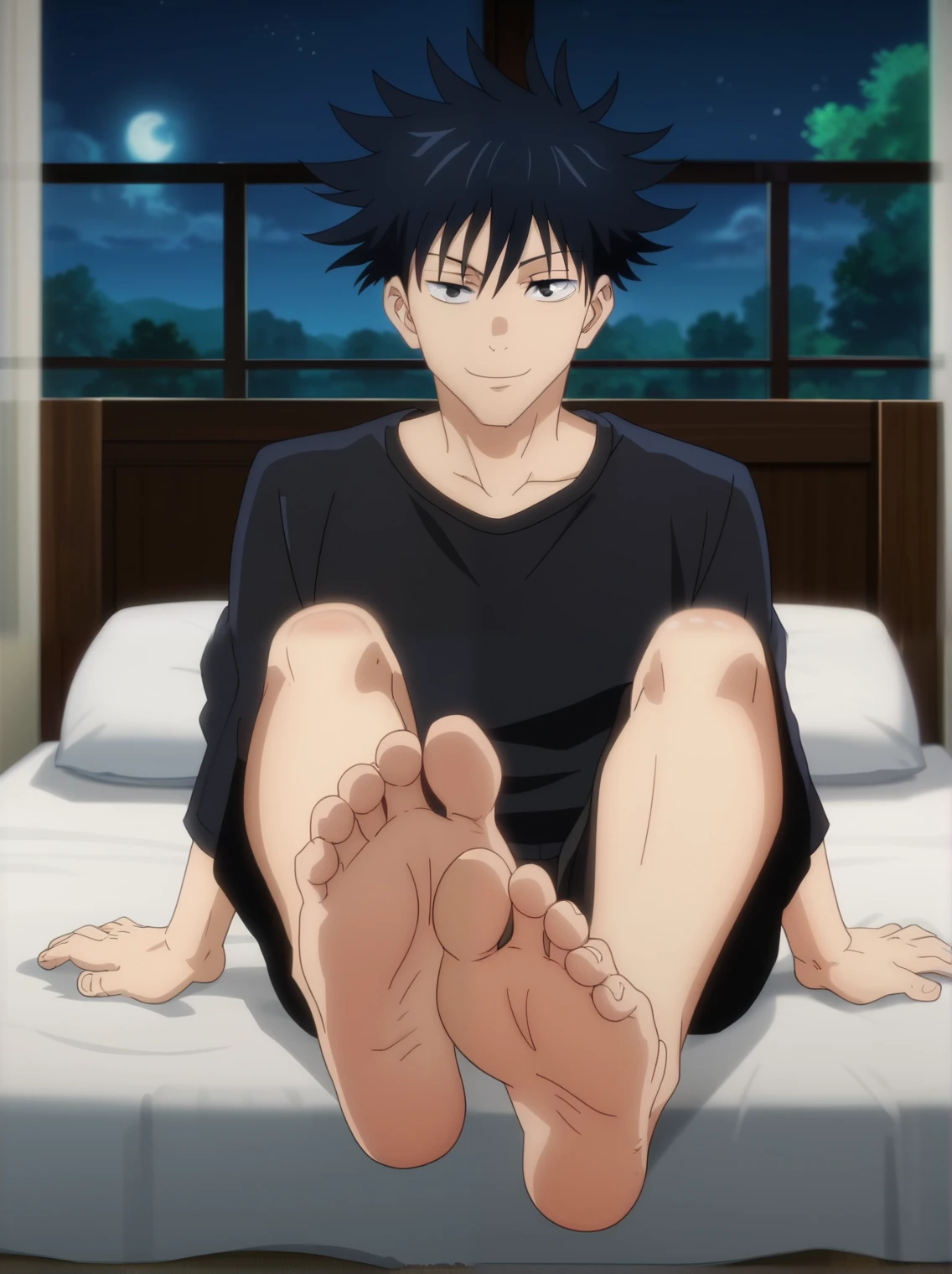 Score_9, score_8_up, source_anime, 1boy, Megumi Fushiguro, big eyes, alone, looking at viewer, night, in his bedroom, lying on the bed, back resting on the bed, lifting legs to show his soles, flirty smile, cowboy shot, ANIME SCREENCAP, anime coloring, barefoot, perfect feet, anatomically correct, soles, from above, focal length 35mm, each foot has five toes, front, symmetrical soles, foot focus, black trousers, black shirt