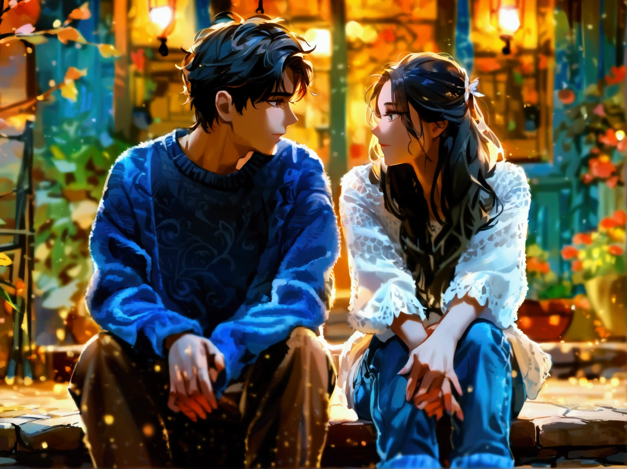 An enchanting, cozy evening scene of a young couple sitting on the steps outside a warmly lit house. The couple is deeply immersed in each other's gaze, exuding warmth and affection. The boy has slightly messy black hair, is wearing a loose, comfortable blue sweatshirt, and brown pants. The girl has long, flowing dark hair, wearing a white blouse and rolled-up jeans, barefoot.

A soft orange glow emanates from the house's interior, adorned with string lights and a hanging lantern. The night sky above is dotted with subtle bokeh effects resembling glowing fireflies. Beside the couple, a curious cat with white and orange fur sits on the steps, adding to the scene's charm. The environment is lush with hints of greenery and soft shadows from nearby trees, with a delicate interplay of blue and orange hues dominating the palette.

Capture the serene and magical atmosphere in 4K resolution, focusing on rich colors, fine details, and soft lighting