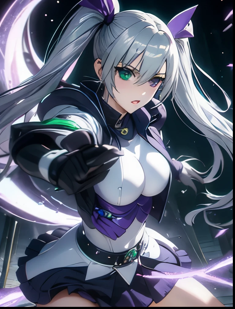 （（（ＳＦＷ、Precision、Highest quality、A first-class masterpiece、Normal body、8k、  Detailed Face 、Ultra-precision、 Normal hand、５refer to、Highest）））、"Magical Girl Lyrical Nanoh"、 Einhard Stratos 、Adult version 、pale blue-silver hair、Heterochromia（green、Purple）、 odd-eye（green、Purple）、 twin tails、Hajō style、Fighting Girl、 High Leg Leotard、pale white blue silver jacket 、 light white green mini tight skirt、Straight punch、 are expressionless、You should drop your lower back and hit it so you can gouge in