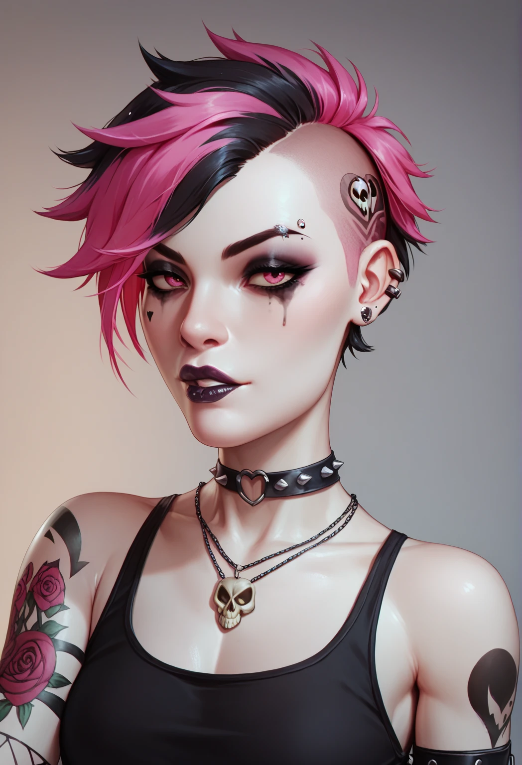 Beautiful 25 year old girl, White skin Short punk style hair with pink highlights,Gothic makeup Full black tattoo on left arm, skull tattoo on left arm Rock clothes 