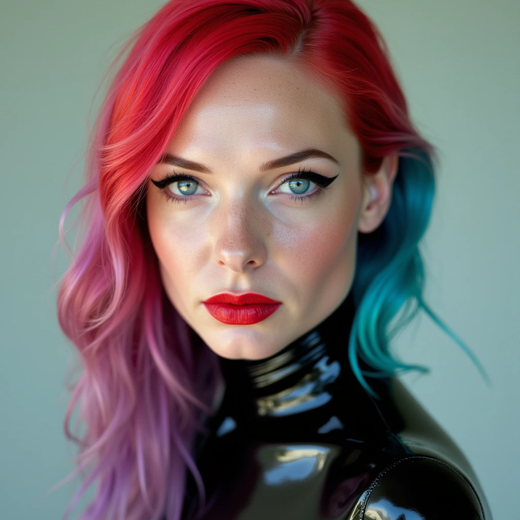 A beautiful, skinny girl with colourful hair, close-up portrait of her pretty face, captivating red lip gloss, dramatic eyeliner flicks, wearing a sexy latex neck-entry catsuit, (best quality, 4k, 8k, highres, masterpiece:1.2), ultra-detailed, (realistic, photorealistic, photo-realistic:1.37), HDR, UHD, studio lighting, ultra-fine painting, sharp focus, physically-based rendering, extreme detail description, professional, vivid colors, bokeh, portrait