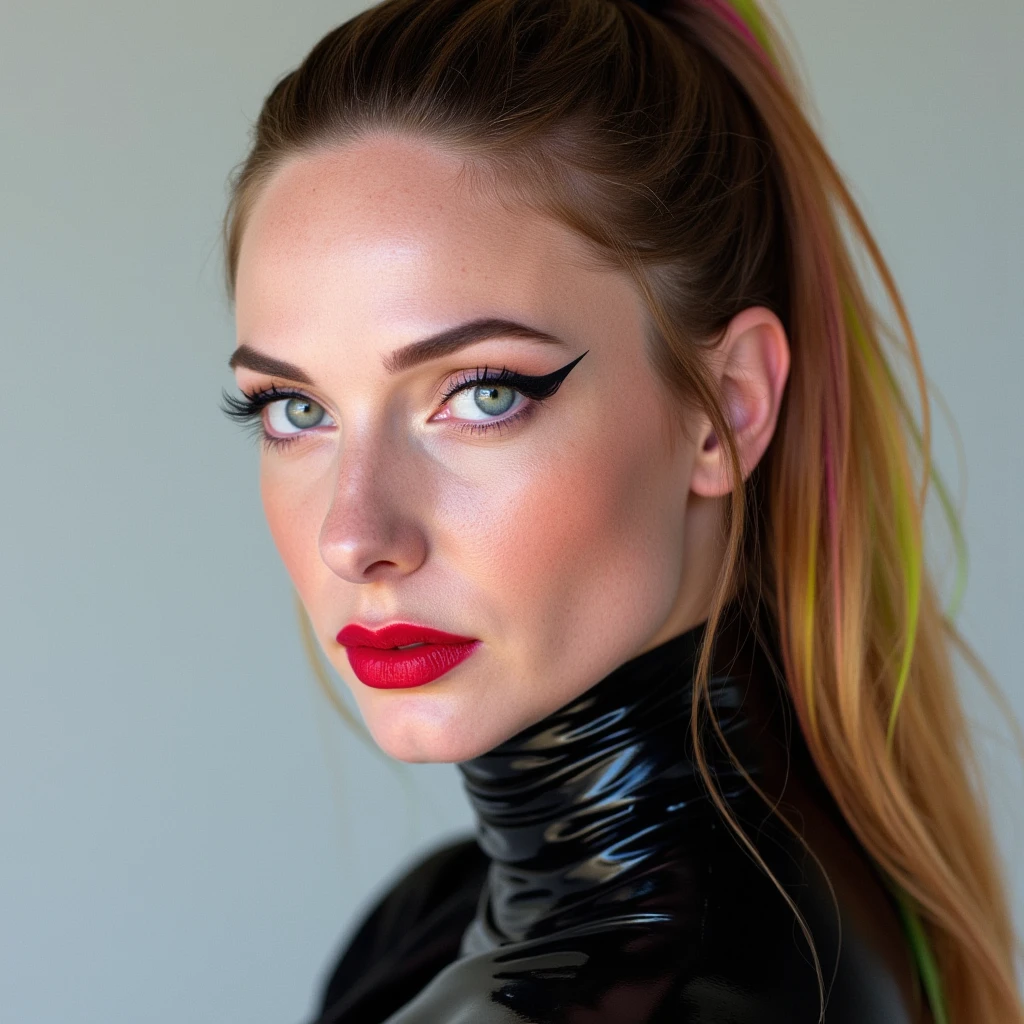 A beautiful, skinny girl with colourful hair, close-up portrait of her pretty face, captivating red lip gloss, dramatic eyeliner flicks, wearing a sexy latex neck-entry catsuit, (best quality, 4k, 8k, highres, masterpiece:1.2), ultra-detailed, (realistic, photorealistic, photo-realistic:1.37), HDR, UHD, studio lighting, ultra-fine painting, sharp focus, physically-based rendering, extreme detail description, professional, vivid colors, bokeh, portrait