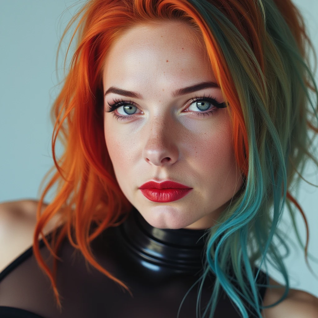 A beautiful, skinny girl with colourful hair, close-up portrait of her pretty face, captivating red lip gloss, dramatic eyeliner flicks, wearing a sexy latex neck-entry catsuit, (best quality, 4k, 8k, highres, masterpiece:1.2), ultra-detailed, (realistic, photorealistic, photo-realistic:1.37), HDR, UHD, studio lighting, ultra-fine painting, sharp focus, physically-based rendering, extreme detail description, professional, vivid colors, bokeh, portrait