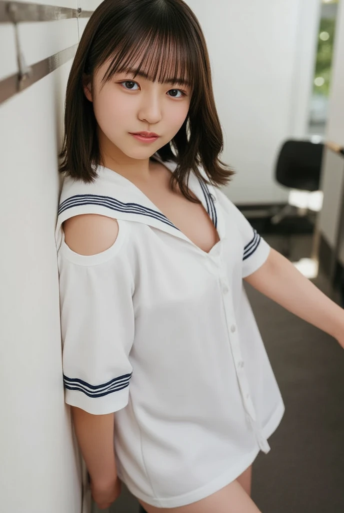 (((top-down configuration:1.4))), (best quality:1.4), (ultra highres:1.2), (photorealistic:1.4), (16k, RAW photo:1.2), (portrait shot:1.3), professional lighting, Japanese goddess, gravure, detailed face and skin texture, detailed eyes, looking at camera, nsfw, beautiful eyes, detailed eyes, beautiful face, detailed face, ((smile:1.3)), (highest quality), glowing skin, (smooth lighting:1.2), (cinema lighting:1.2), (above the knee shot), (brown medium hair), (bangs:1.4), (large breasts:1.3), ((traditional sailor uniform from a prestigious high school in Japan:1.5)), (white uniform:1.3), (short sleeve sailor suit), the jacket is a uniform, ((open chest uniform:1.5)), ((cleavage cutout:1.4)), ((emphasize cleavage:1.4)), ((beautiful cleavage:1.6)), (navel), slim body, slim stomach, ((underneath are panties:1.4)), ((black thong shorts:1.4)), in the classroom, (dynamic pose), (slightly low angle), stand, arms behind back