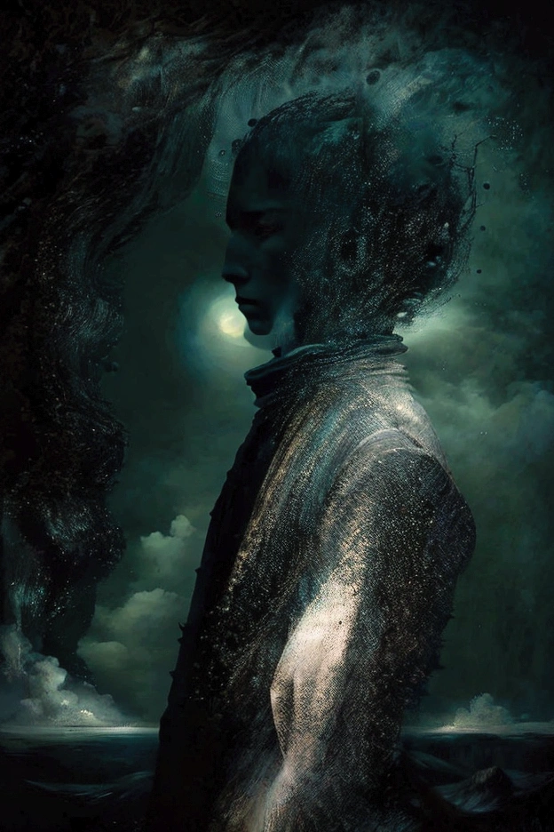 a detailed portrait of a man, black silhouette against an infinite dark ocean, surreal glowing light, 8k, highres, masterpiece, ultra-detailed, photorealistic, dramatic lighting, abstract, moody, cinematic, minimalist, dark fantasy, dramatic atmosphere, dramatic lighting, visually striking, captivating, mesmerizing, evocative, haunting, ethereal, transcendent, meditative, contemplative