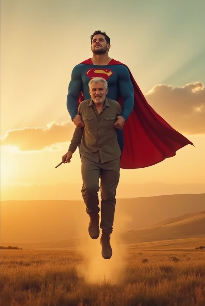 Superman telling his father Jonathan that he's Superman. Jonathan is 70 years-old farmer.  Jonathan love Superman. Superman and his father Jonathan fly sweetly together on the sky.superman is on sky.