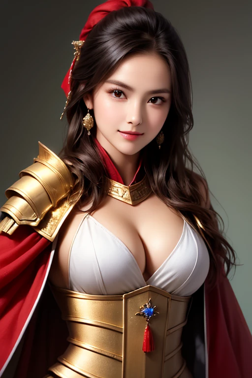 ((The upper body of a female warrior wearing gold and red light armor and a cloak:1.5)),1 person,  black hair,  belly shortcut   ,Big breasts and cleavage,  high-definition face and skin texture  ,  staring at the camera,   Chinese Warrior:1.2,  perfect beauty: 1.4, fine grain,  double eyelids in a judo suit ,  whitening for women with bristles, top quality ,  super high res ,  simple background，Symmetrical Normal Eyes   , hair accessories, Slim Waist ,((great general)),