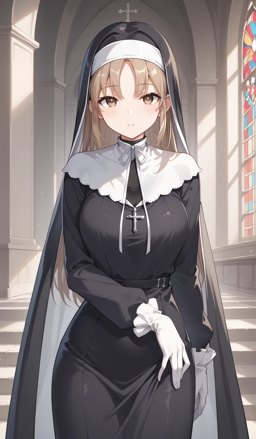 score_9, score_8_up, score_7_up,source_anime, high res image,masterpiece,best quality,girl,cute face,clear skin,shiny hair,ultra detailed eyes, historical japanese background,  (futanari), panties, sc1, long hair, brown eyes, light brown hair, parted bangs, nun, habit, capelet, white capelet, dress, black dress, gloves, white gloves, zipperlight brown eyes