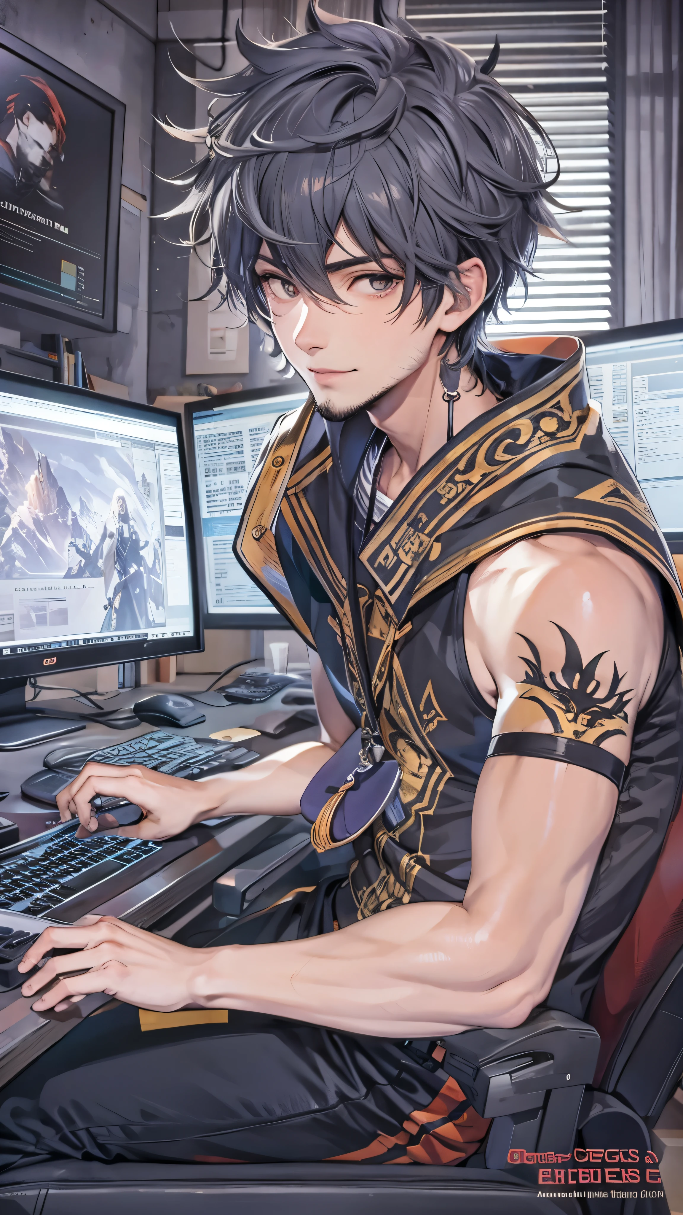 (masterpiece,  top quality ), (Complex Light),  1 boy, Alone, Wukong ,  dark eyes, smile, Sitting in front of a computer playing games,  E-sports room background ,(Chiosane),(Beard and gray hair),