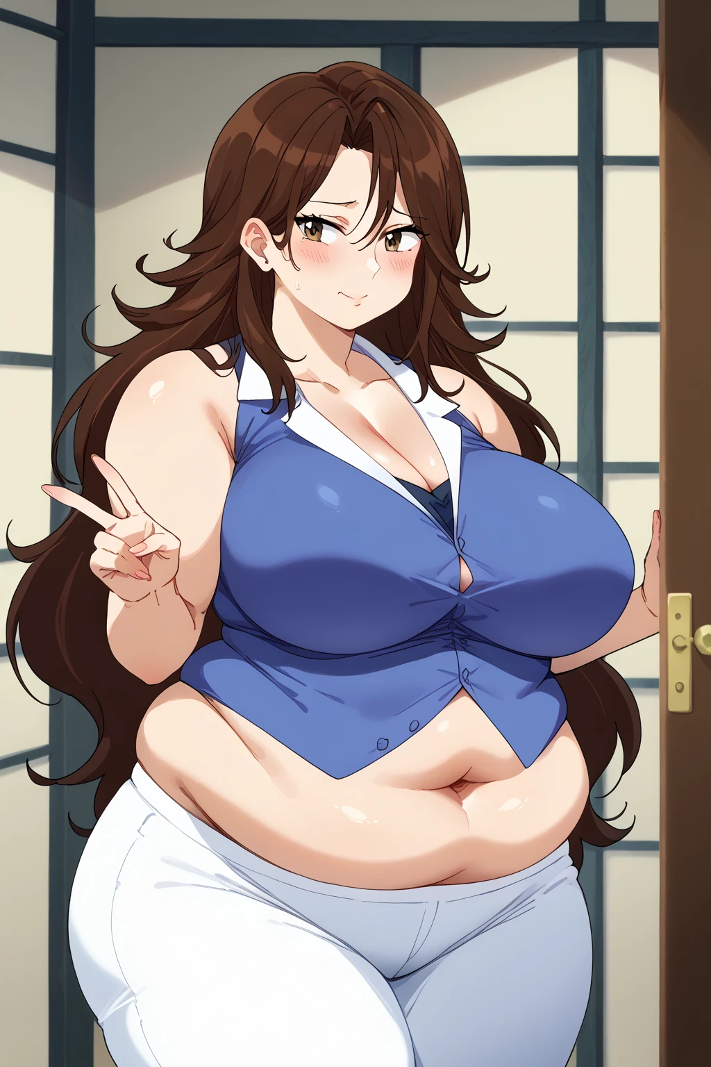  Sumeragi Lee Noriega ,  Sumeragi Lee Noriega ,blue shirt, sleeveless , v-neck shirt,White trousers,Exposed navel,Obese middle-aged woman, troubled expression, embarrassing expression ,milf, chubby, king bang , score_9,  score_8_ up、 score_7_ up、 score_6_ up、 score_5_ up、 score_4_ up、 masterpieces at the front door of the house、 top quality , very aesthetic,  absurd、 Source_ anime anime screencap,  one woman、Alone、 personal  、 brown eyes、 brown hair 、 long hair、Super huge breasts,  super huge clevis、Super huge, Super huge boob,Curvy、 wide hips、