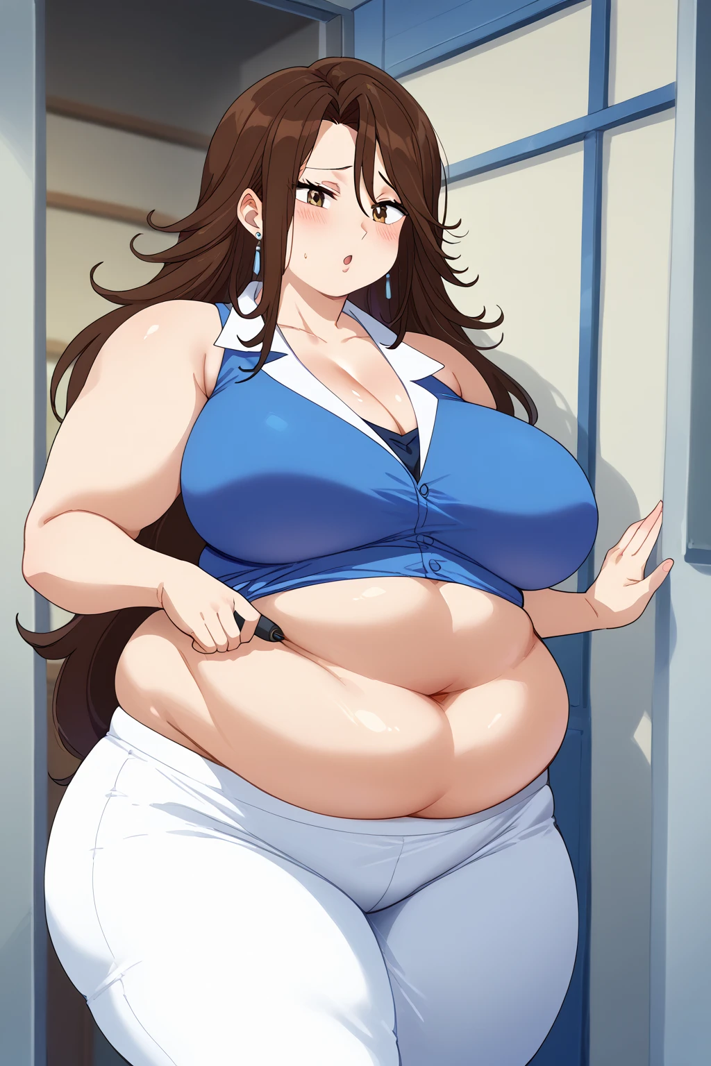  Sumeragi Lee Noriega ,  Sumeragi Lee Noriega ,blue shirt, sleeveless , v-neck shirt,White trousers,Exposed navel,Obese middle-aged woman, troubled expression, embarrassing expression ,milf, chubby, king bang , score_9,  score_8_ up、 score_7_ up、 score_6_ up、 score_5_ up、 score_4_ up、 masterpieces at the front door of the house、 top quality , very aesthetic,  absurd、 Source_ anime anime screencap,  one woman、Alone、 personal  、 brown eyes、 brown hair 、 long hair、Super huge breasts,  super huge clevis、Super huge, Super huge boob,Curvy、 wide hips、