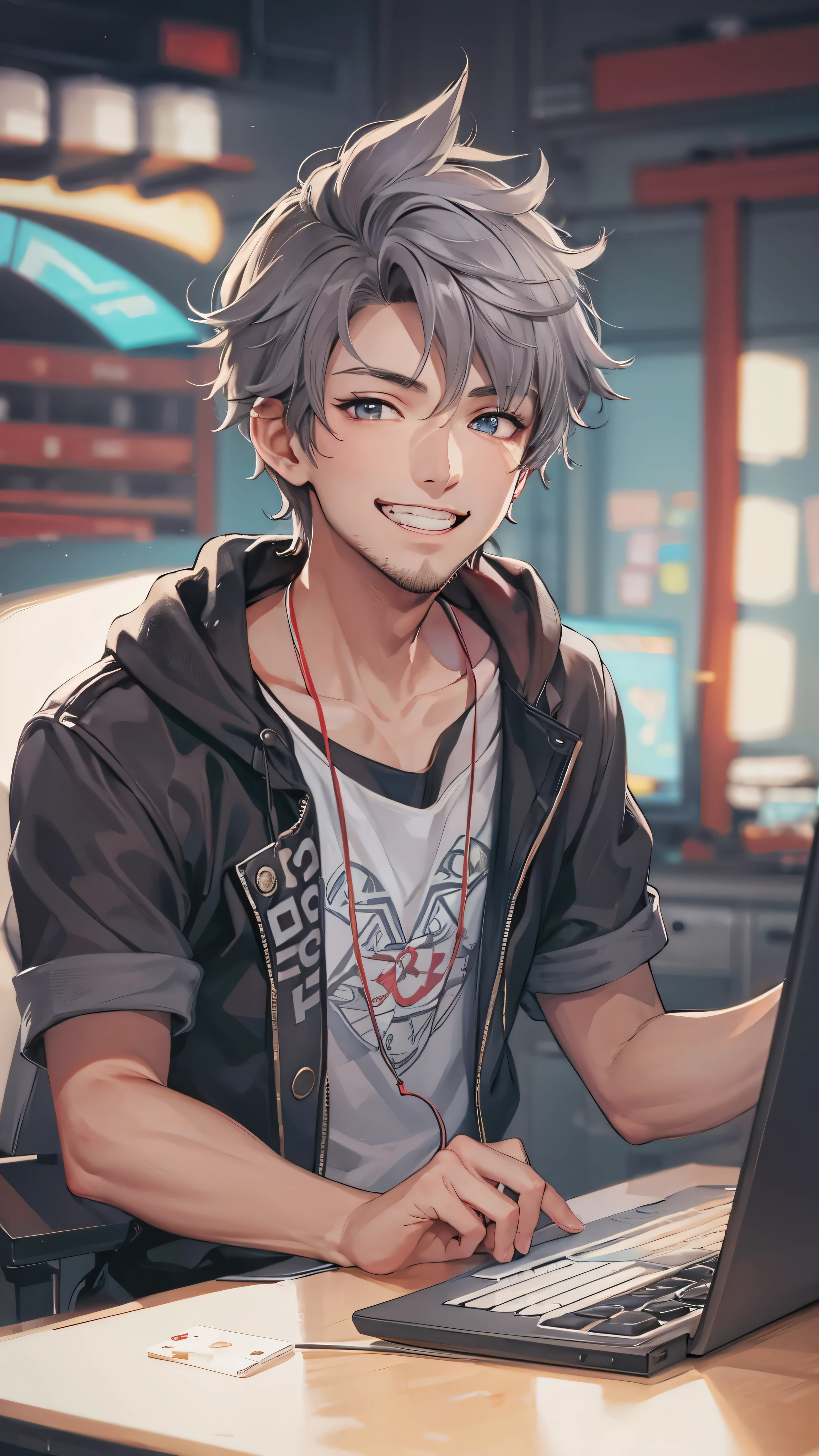 (masterpiece,  top quality ), (Complex Light),  1 boy, Alone, Wukong ,  dark eyes, smile, Sitting in front of a computer playing games,  E-sports room background ,(Chiosane),(Beard and gray hair),