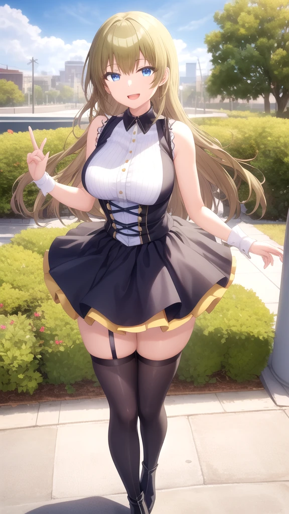 Adult Woman, Long dark blonde wavy hair、White Dress, Puffy nipple、(Long flared skirt),、beautiful tiara、耳Nipple Ring、Medium milk, cute smile face、Poses that emphasize the buttocks、(turned around)、sexy hips、Red high heels、a castle yard、sexy pose、(((The skirt is rolled up by the wind)))、((Sexy orange panties))