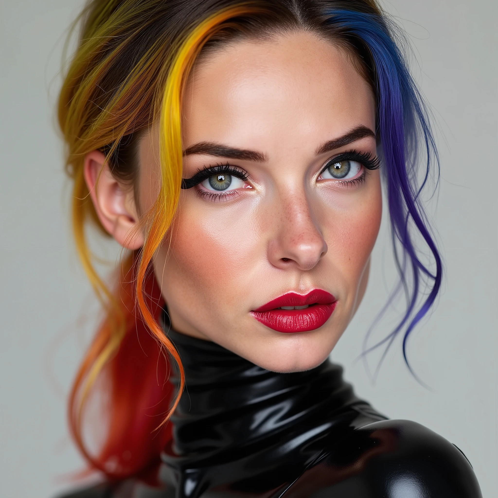 A beautiful, skinny girl with colourful hair, close-up portrait of her pretty face, captivating red lip gloss, dramatic eyeliner flicks, wearing a sexy latex neck-entry catsuit, (best quality, 4k, 8k, highres, masterpiece:1.2), ultra-detailed, (realistic, photorealistic, photo-realistic:1.37), HDR, UHD, studio lighting, ultra-fine painting, sharp focus, physically-based rendering, extreme detail description, professional, vivid colors, bokeh, portrait