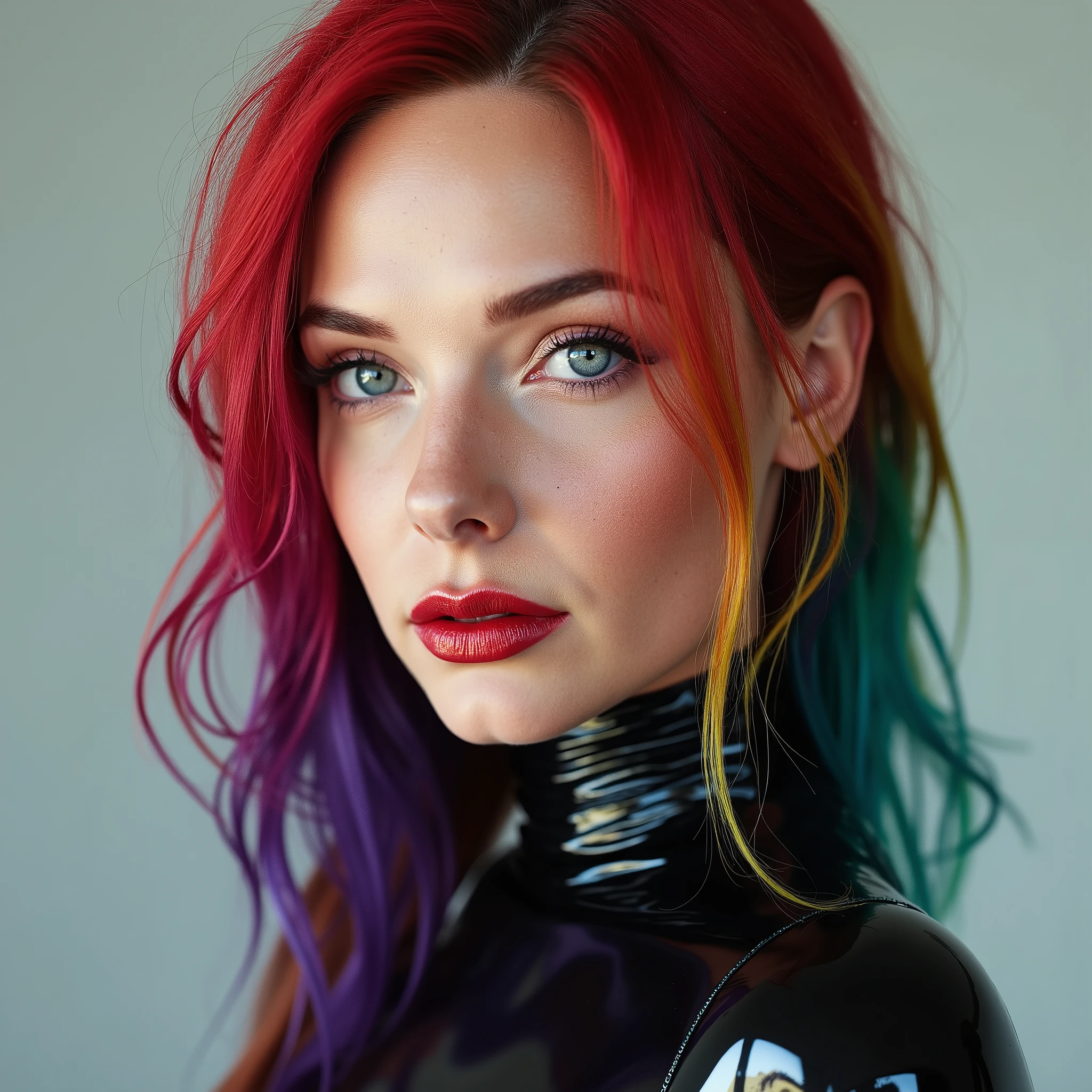 A beautiful, skinny girl with colourful hair, close-up portrait of her pretty face, captivating red lip gloss, dramatic eyeliner flicks, wearing a sexy latex neck-entry catsuit, (best quality, 4k, 8k, highres, masterpiece:1.2), ultra-detailed, (realistic, photorealistic, photo-realistic:1.37), HDR, UHD, studio lighting, ultra-fine painting, sharp focus, physically-based rendering, extreme detail description, professional, vivid colors, bokeh, portrait