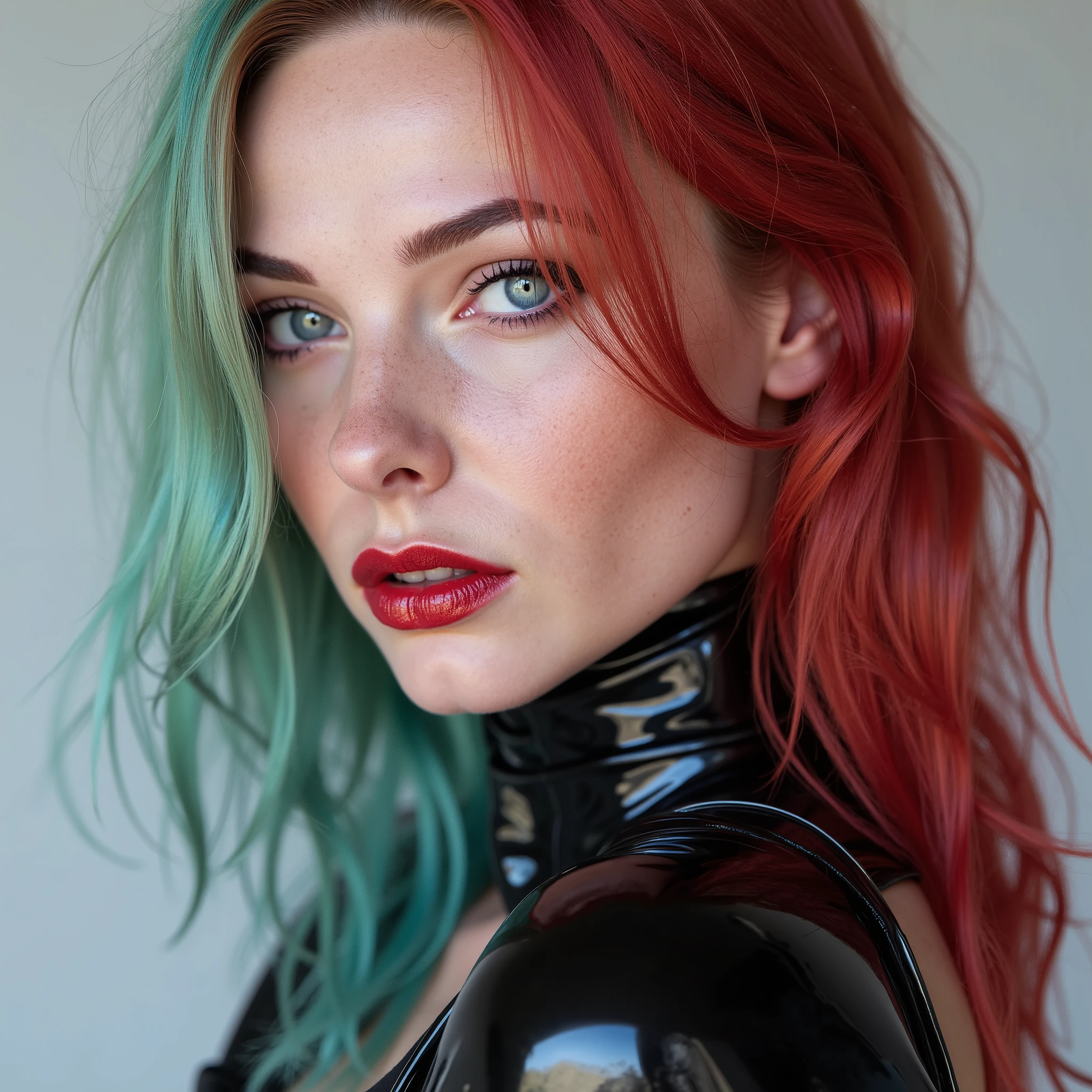 A beautiful, skinny girl with colourful hair, close-up portrait of her pretty face, captivating red lip gloss, dramatic eyeliner flicks, wearing a sexy latex neck-entry catsuit, (best quality, 4k, 8k, highres, masterpiece:1.2), ultra-detailed, (realistic, photorealistic, photo-realistic:1.37), HDR, UHD, studio lighting, ultra-fine painting, sharp focus, physically-based rendering, extreme detail description, professional, vivid colors, bokeh, portrait